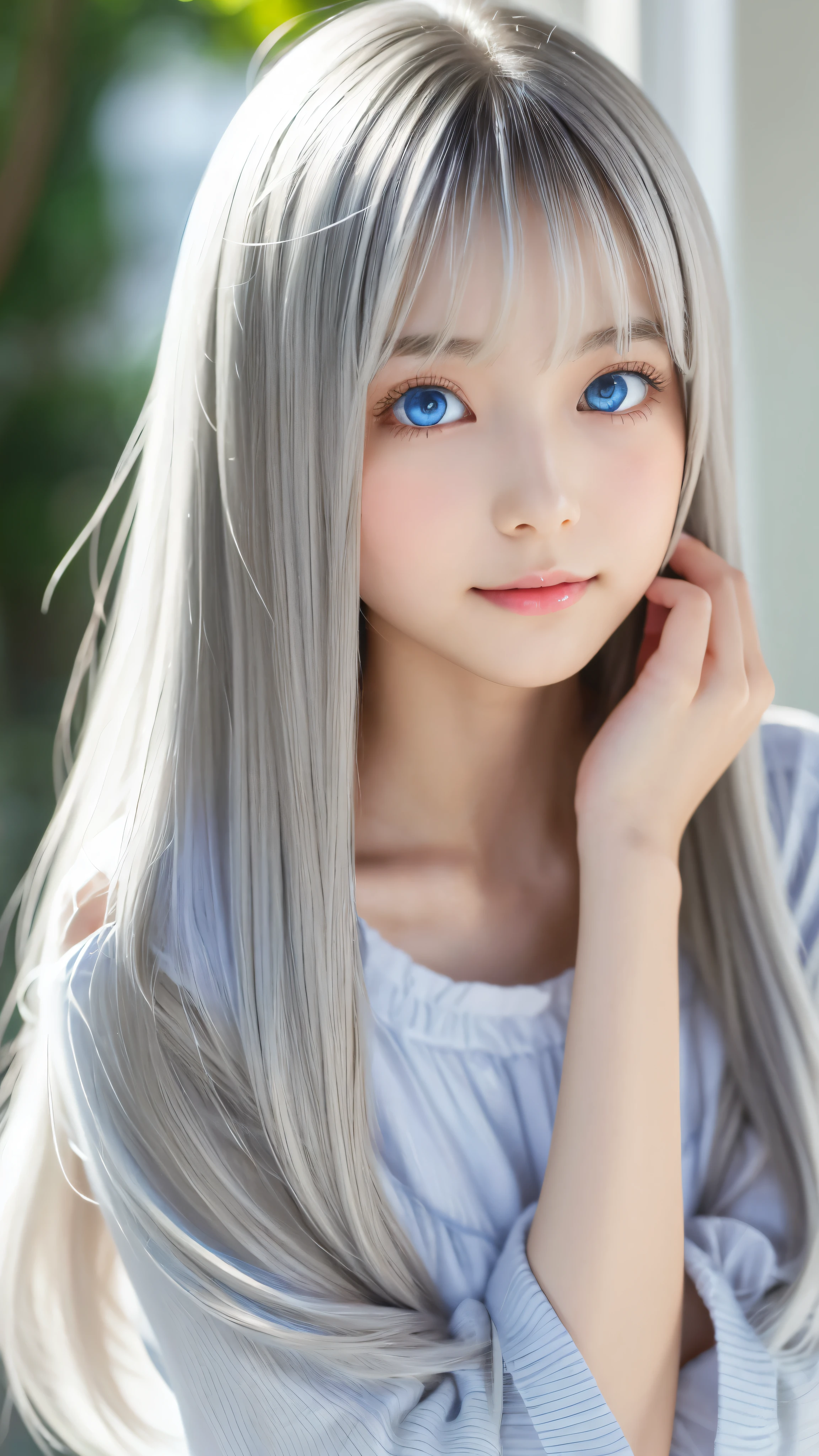 Shining, clear, white skin、Her windblown silver hair hides her beautiful face.、huge、28 years old cute sexy little beautiful face、Beautiful straight hair that stands out、growing up, Sparkling light blue eyes、long silky bangs that cover cute eyes, Sexy and cute young woman with super long hair hiding her sexy face、Shining silver hair