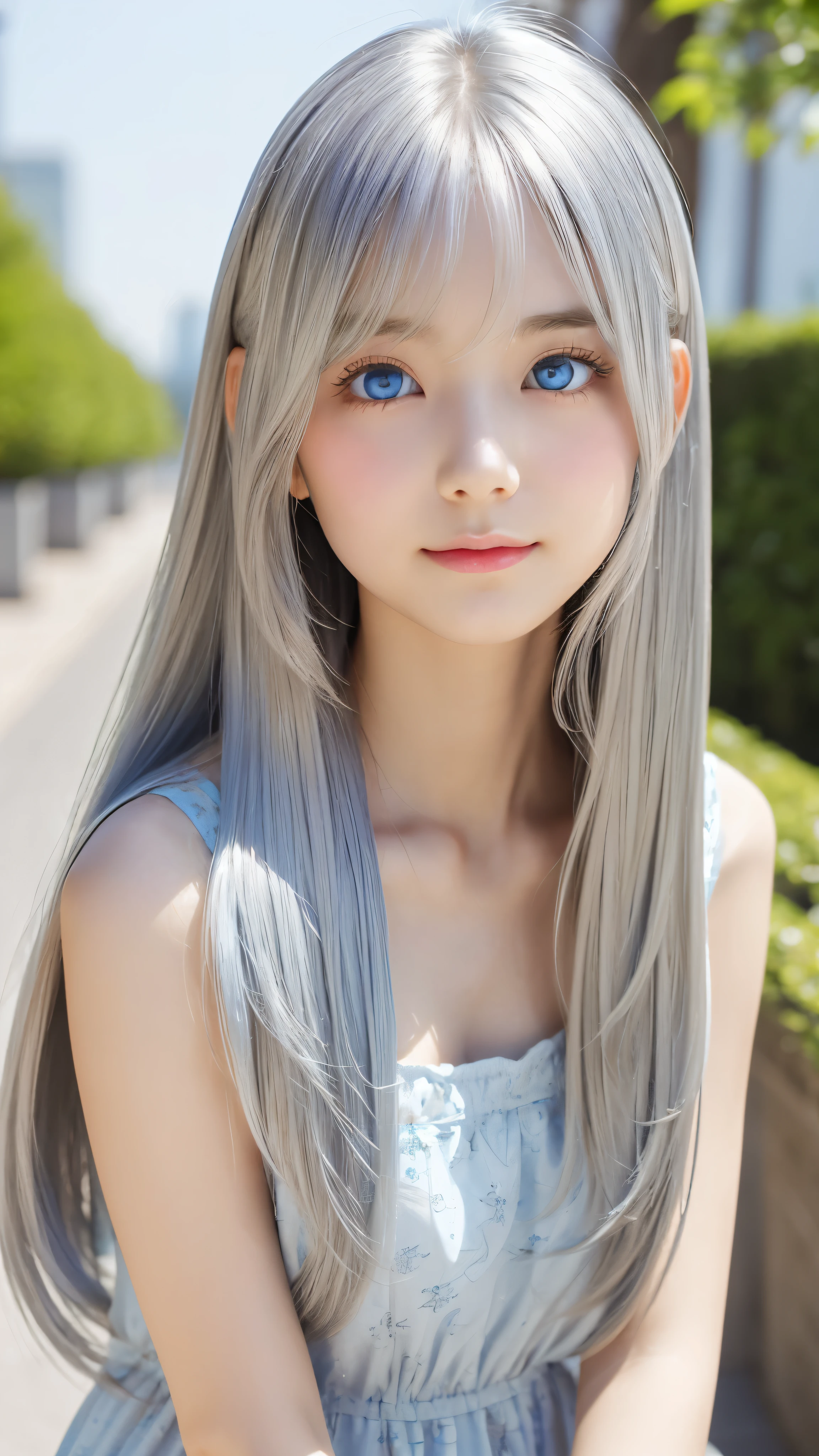 Shining, clear, white skin、Her windblown silver hair hides her beautiful face.、huge、28 years old cute sexy little beautiful face、Beautiful straight hair that stands out、growing up, Sparkling light blue eyes、long silky bangs that cover cute eyes, Sexy and cute young woman with super long hair hiding her sexy face、Shining silver hair