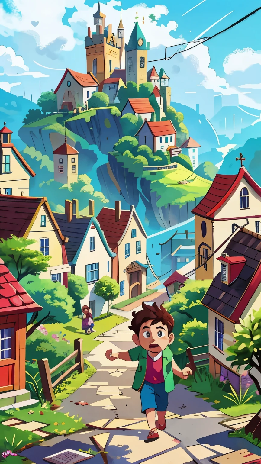 The bustling town of Hiccupville. Harry, a man with persistent hiccups, walks through the streets as his hiccups echo around him