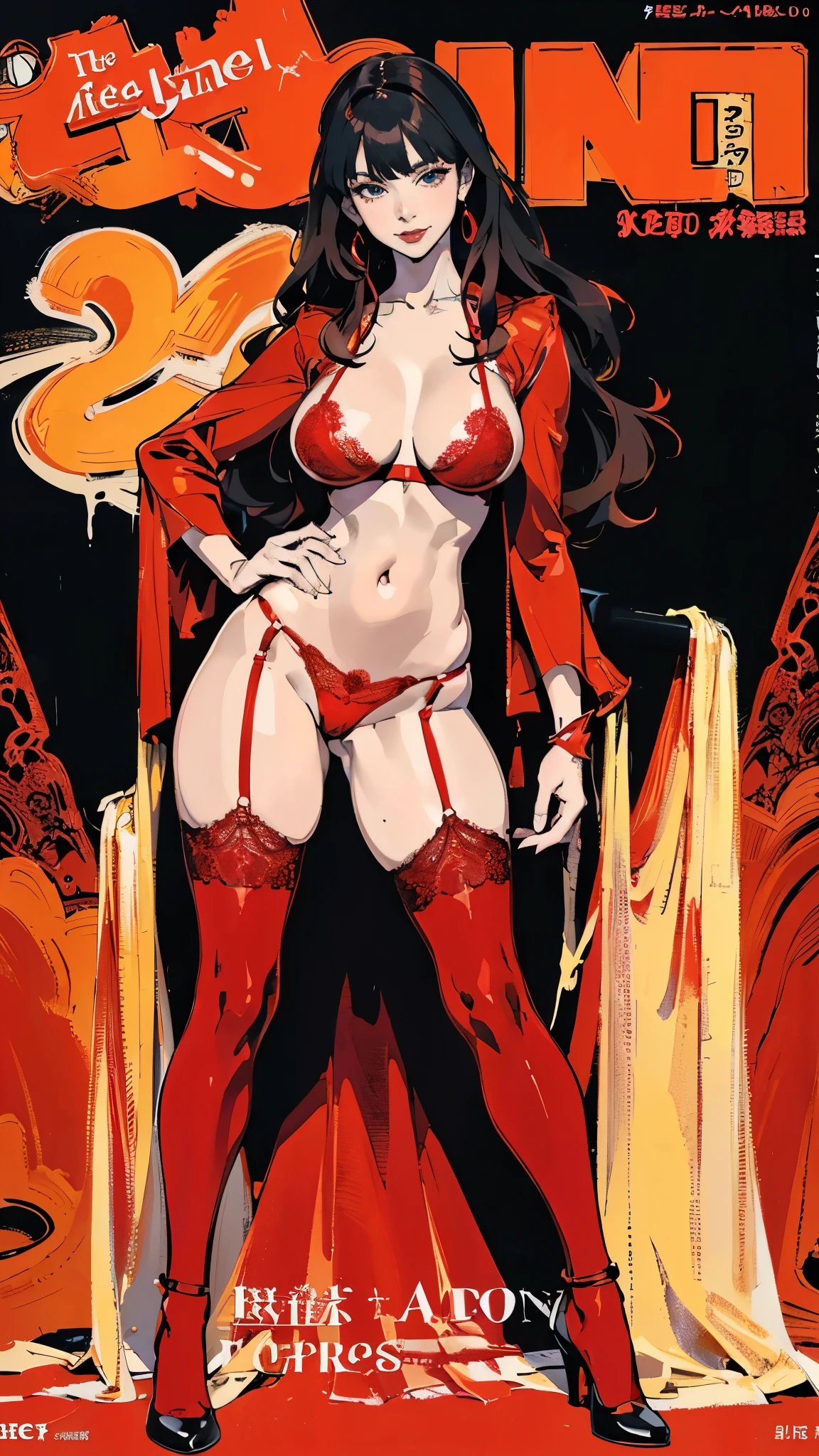 Azula, tall, (flat chest):1.2, nipples, long legs and pussy seen, red silk tight thong stockings, no bra, (black high heels at platform), simple temple background