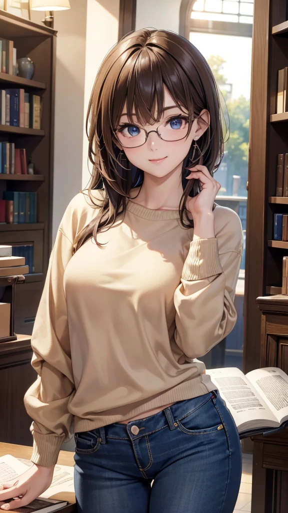 library, masterpiece, highest quality, (maximum resolution: 1.2), (Ultra HDTV: 1.2), cinematic light, Ultra HDTV, (detailed eyes and skin), (detailed facial features), nffsw, 8K resolution, sharp focus: 1.2, perfect body, Anatomically correct, beautiful face, double eyelids, thin eyebrows, natural lip color, 25 years old lady, cheeks are red, slender body, small breasts, glasses, smile, pretty earrings, brown sweater(extra large size: 1.2), tight denim, she has a book