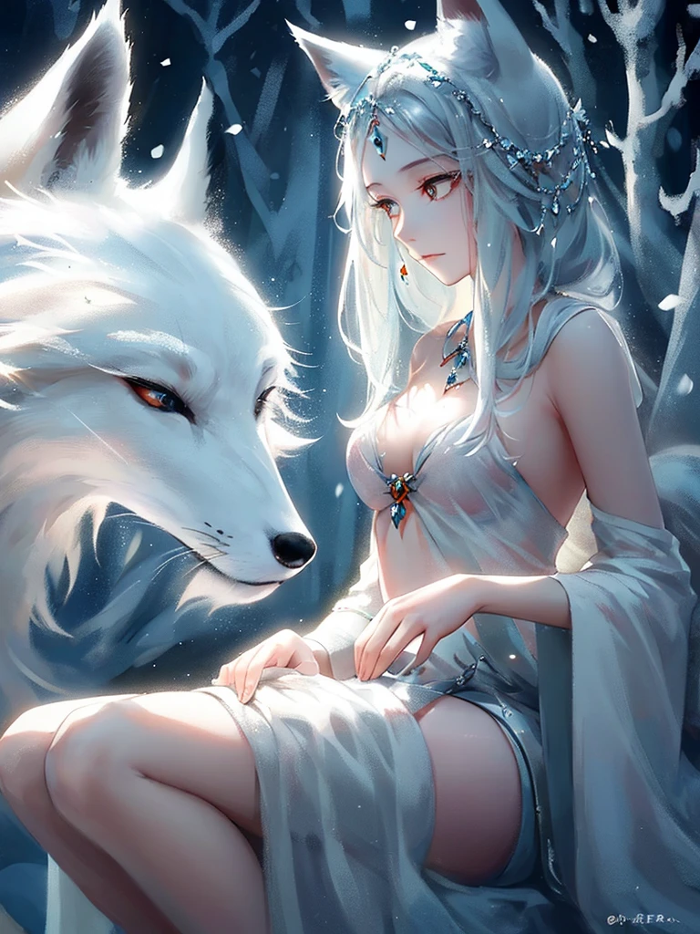 In the mysterious forest, the snow-white fox cruises gracefully, his fur shimmers silvery white, and his eyes reveal wisdom and mystery. It is best to depict a side border, facing line of sight, and he loves the artistic style and infectious images.