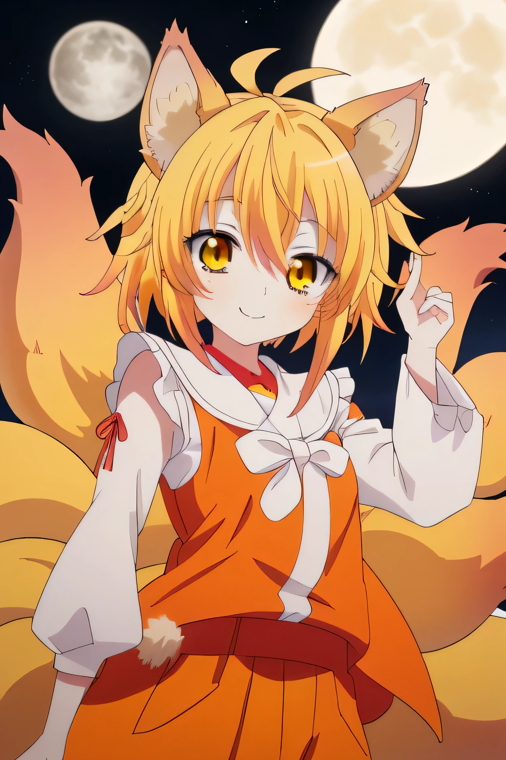 una chica kizuna muy kawaii con piel color crema, Yellow hair color and wearing an orange fighting dogi of goku and with fox ears and multiple tails with his mouth closed but with a smile on his lips on a very beautiful night with a full moon