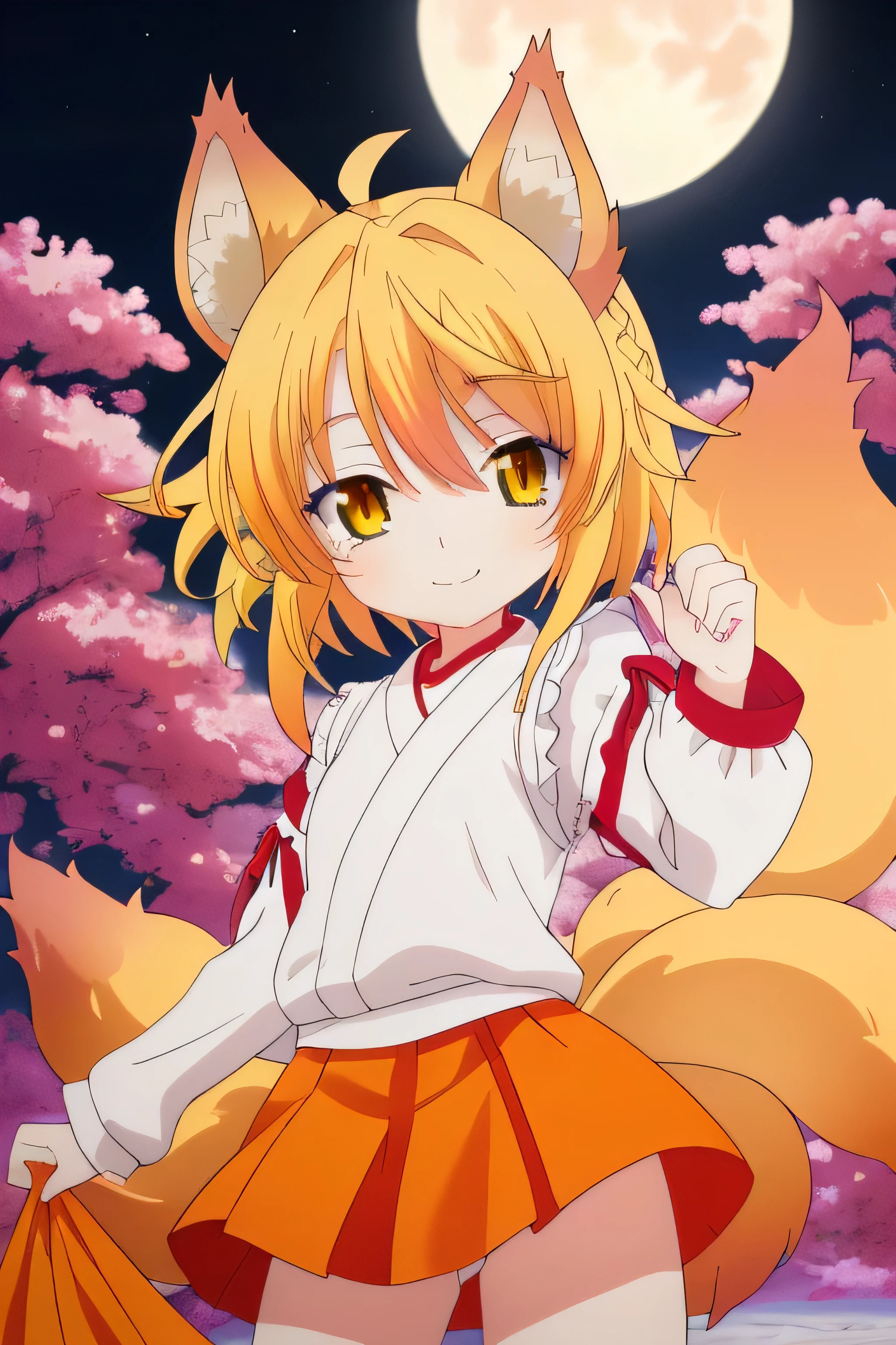 una chica kizuna muy kawaii con piel color crema, Yellow hair color and wearing an orange fighting dogi of goku and with fox ears and multiple tails with his mouth closed but with a smile on his lips on a very beautiful night with a full moon