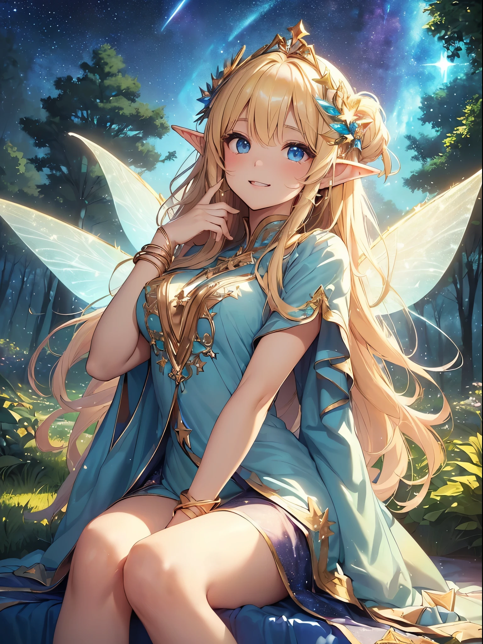 最high quality、Best image quality、masterpiece、The season is autumn、With a girl((20-year-old、Best Bust、Large bast、Bust 90,Beautiful Blue Eyes、,Blonde long hair、Slender、Fairy Wings、In beautiful dresses of various colors、Close-up、Sit on、Magic Harp、Gold ring on wrist、Beautiful tiara、high quality、Beautiful art、background((Starry Sky)))Tabletop、Visual Arts、Depth of written boundary、Night Sky、、 、Low angle、Sexy、Elf Ears、Feathers glow in iridescent colors、The magic of light、In the beautiful forest、Big Tree Night、Flute melodies🎵、Fun Concerts、Smile、Gentle light、Magic Palace