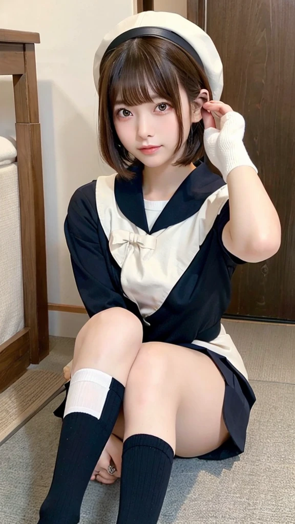 Japanese Beauty、Brown hair bob cut、Selfie、Sailor suit、whole body、Black knee-high socks