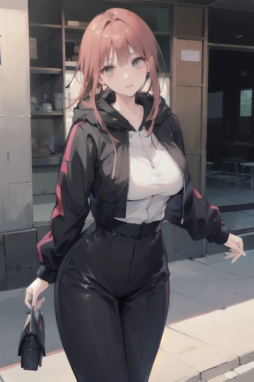 masterpiece, Highest quality, 1 person,( Large Breasts、Are standing, View your viewers),Detailed Background、A person who writes in detail、Accurate human body、Knowledgeable person、Accurate 5 fingers, woman,Thick thighs,Curvy_body 0.8,alone, orfevre\(umamusume\),Oversized hoodie、(lora:thighvibe:1), (vibrator in thighhighs:1.2), thighvibe
