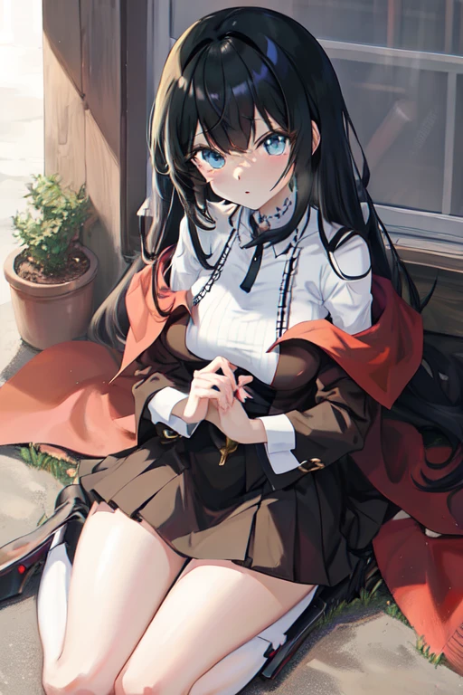 Anime Girl with black hair and black boots sitting on the ground, cute Anime Girl, Anime cute art style, (Anime Girl), Anime Girl, an 霸氣Anime Girl, Anime visuals for girls, 1 7 year old anime goth girl, guweiz, Domineering anime style, Lovely art style, Artwork in the style of Guweiz, pretty Anime Girl