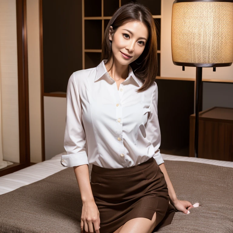 ((Realistic lighting, best quality, 8k, tmasterpiece:1.3)), 1girl, Beautiful Women with Perfect Figure:1.4, Slim abs:1.1, ((dark brown hair)),(exteriors,during night:1.1),Sit on the indoor bed,Ultra-fine face,Fine eyes,double eyelid, 50 years old, Japanese lady, wearing Japanese office casual , show whole body from top to legs