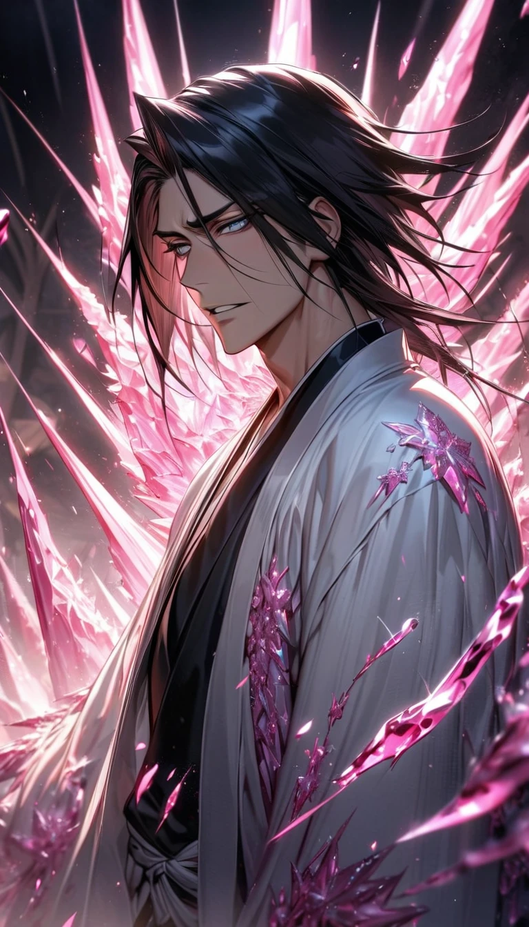 absurdres, highres, ultra detailed, HDR, masterpiece, extremely detailed face and eyes, Kuchiki Byakuya, black hair, expressive grey eyes, Bleach, solo, sexy man, handsome, white haori, black kimono, pink ice trees, pink ice butterflies, pink ice flowers, pink ice fantasy