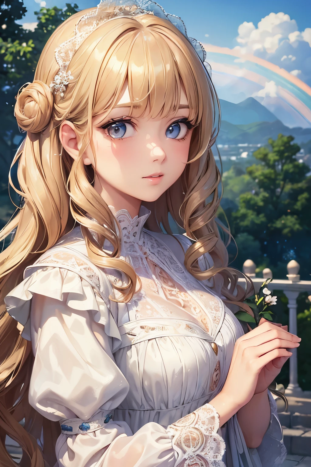 (masterpiece:1.2), (highest quality:1.2), Perfect Eyes, Perfect Face, Perfect lighting, One girl, Cute woman, Medium blonde hair, Large light brown eyes,Curly Hair, Detailed clothing, Magical Dress、Intricate lace dress,Detailed outdoor background, Rainbow and clouds background,compensate, eye shadow, Thick eyelashes, Fantasy, Looking at the audience,