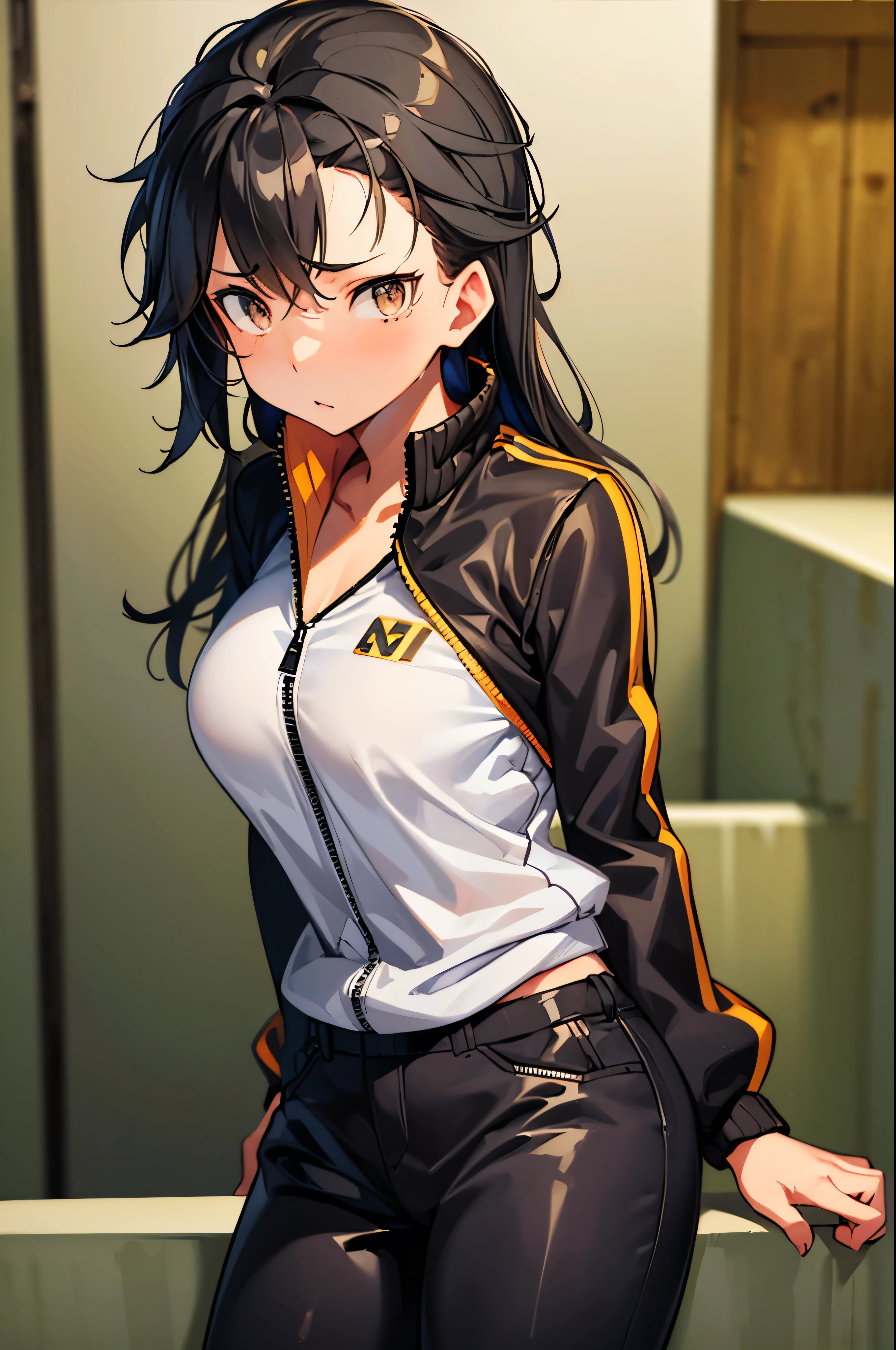 (masterpiece, best quality:1.2), expressive eyes, perfect face, highres, 1girl, solo, (female:1.5), subaru_natsuki, black hair, brown eyes, white, jacket, track jacket, opened jacket, pants, large breasts, embarrassed, worried face, standing, cowboy shot, portrait, looking at the viewer
