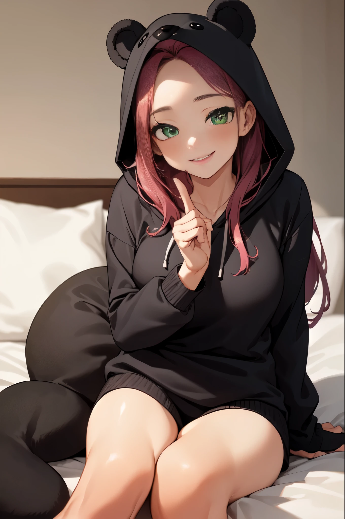 beautiful, (masterpiece), highest quality, (extremely detailed face), extremely detailed eyes,  Perfect lighting, Overall detailed, detailed, Deep Skin,Textured skin,
,bear costume ,black bear costume, Long sleeve, Wearing a hood,,mallow , Long Hair, Green Eyes, Big smile,On the bed ,sitting between pillows,
,