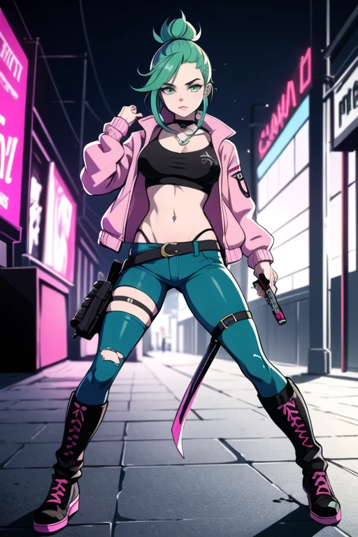 Sweet poison ((mejor calidad)), ((Obra maestra)), (detallado), cara perfecta girl, green punk hair, pink jacket, and blue pants, cyberpunk, bow, poison, terrorist, assasin, ripped pants, tattoed skin, weapons, cyberpunk clothes, warrior, rebel, dirty, dangerous, fluor, cyber, punk, war, bad, alleys, brown globes, brown boots, choker, green eyes, black future armor, pink sword, tied hair, pink lock,