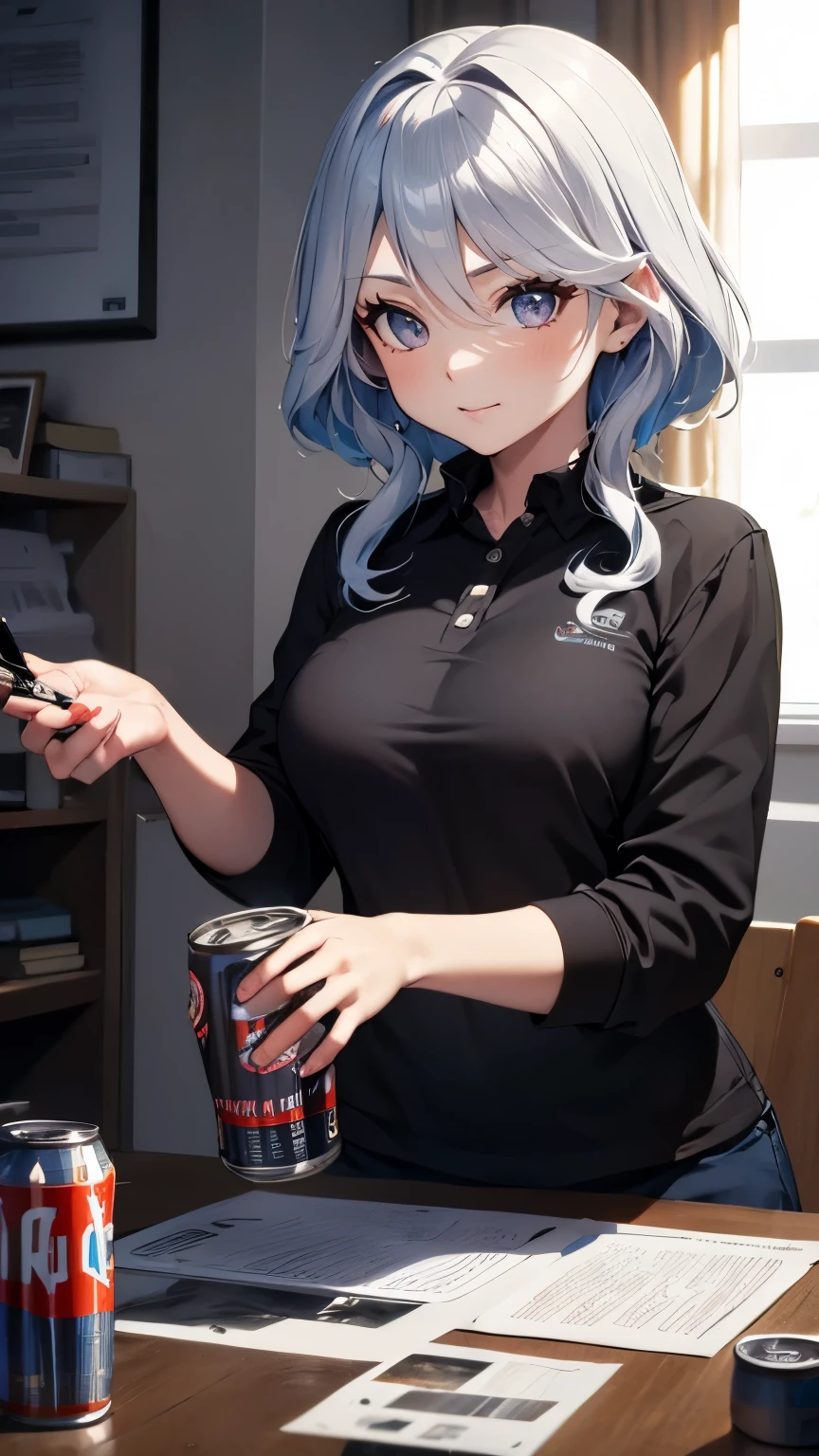 Freena angrily confronts her desktop computer,Dark Room,A huge amount of beer cans scattered around