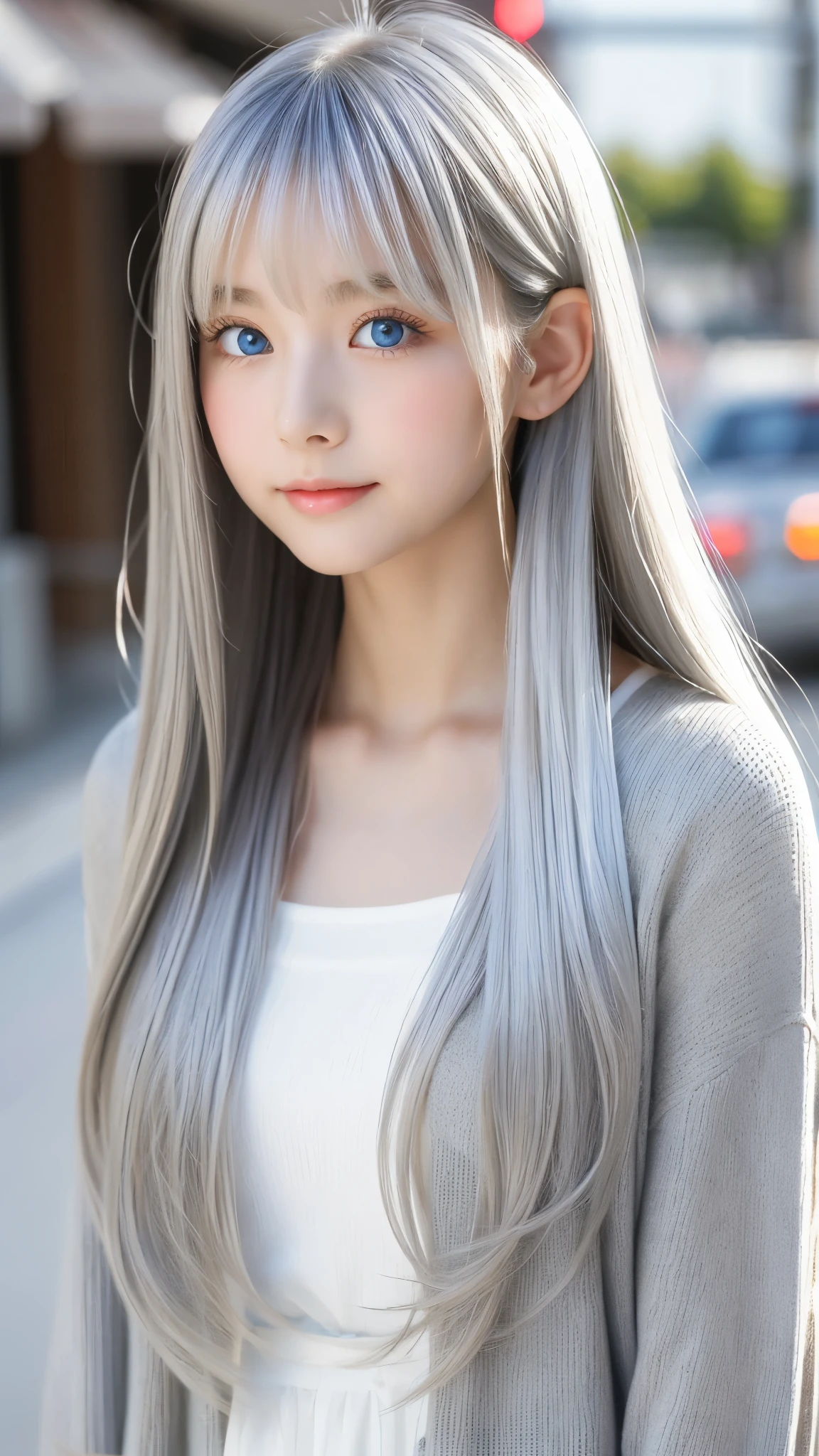 Shining, clear, white skin、Her windblown silver hair hides her beautiful face.、huge、28 years old cute sexy little beautiful face、Beautiful straight hair that stands out、growing up, Sparkling light blue eyes、long silky bangs that cover cute eyes, Sexy and cute young woman with super long hair hiding her sexy face、Shining silver hair