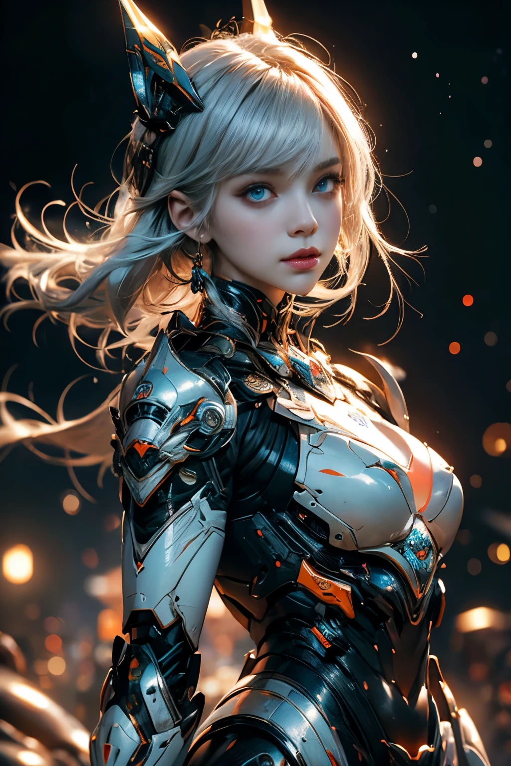 CG Mecha, Beautiful eyes, Upper body, Predator Armor, Portrait, ,White-orange armor,, Neon light, 8K, raw, Best Quality, masutepiece, (depth of fields, Bokeh:1.3), extremely detailed eye and face, Beautiful detailed eyes、Black gold,超A high resolution, Colorful,Colorful paint、Detailed background, Luminescent eyes、Dark Fantasy,3d rendered、Desolate Land、white hair、Full Body Portfolio、Colorful Hair