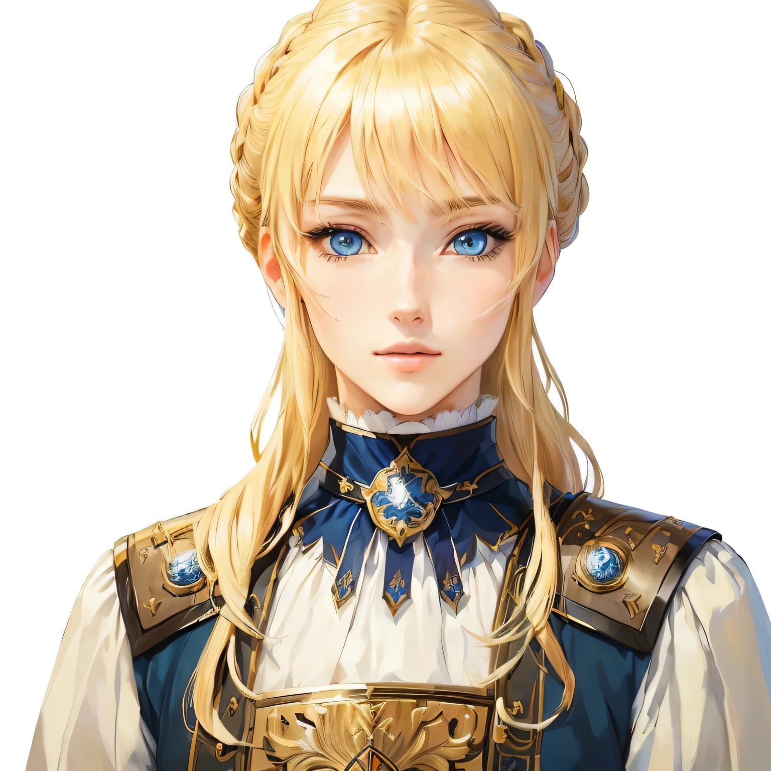 Anime-style image of a blonde, blue-eyed woman, Portrait of a girl in the Knights of the Zodiac, Vivid RPG Portraits, Beautiful female priest, portrait knight woman, April Rendering, Inspired by Valeria Dennes, portrait of female paladin, Inspired by Le Chevalier, Female protagonist 👀 :8, Artoria Pendragon, Detailed portraits