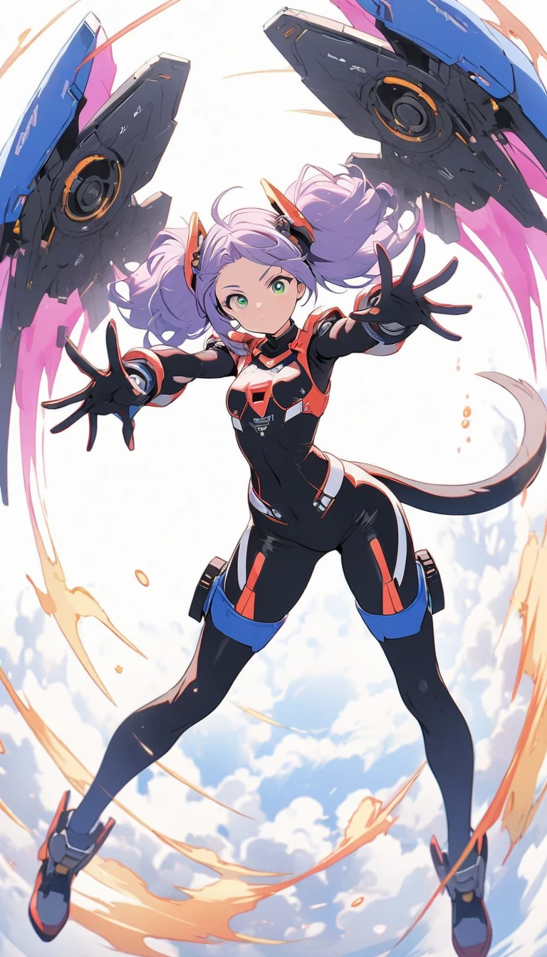 1girl, mecha girl, side tail, purple hair, green eyes, (hips),(Pose showing buttocks to viewers), white background, (top quality, masterpiece, high resolution, detailed), anime style, flat style, (bright eyes, beautiful detailed face), BREAK, extremely detailed, floating, (high saturation), full body, facing back doing, dynamic angle, anime style,anime、(Simple Background)、Full Body