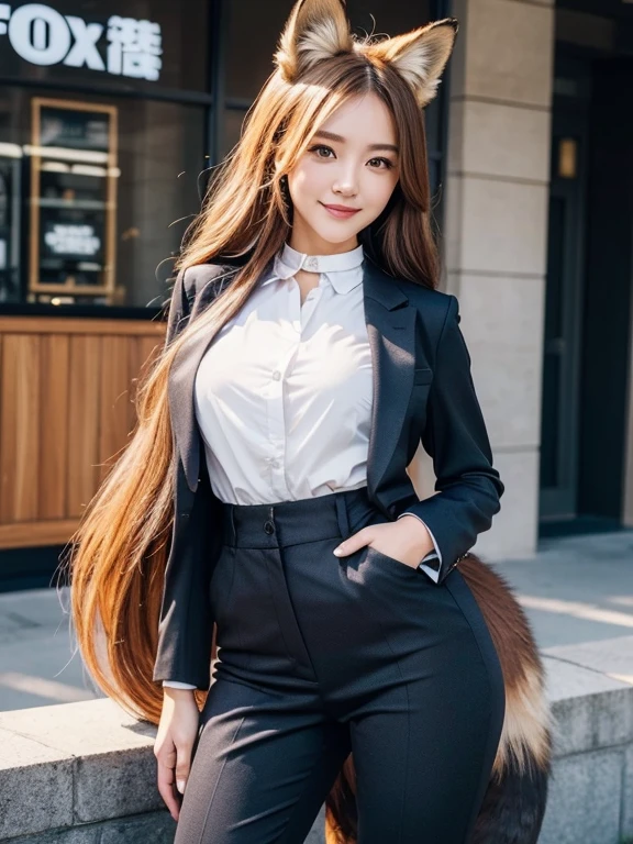((highest quality)), ((masterpiece)), (Get used to it), Perfect Face, Fox Girl, Beautiful woman, public, There is a tail, she has a fox tail, She wags her fluffy tail, smile, collar, She wears a business suit, Beautiful hip line, A tail sticking out of tight pants