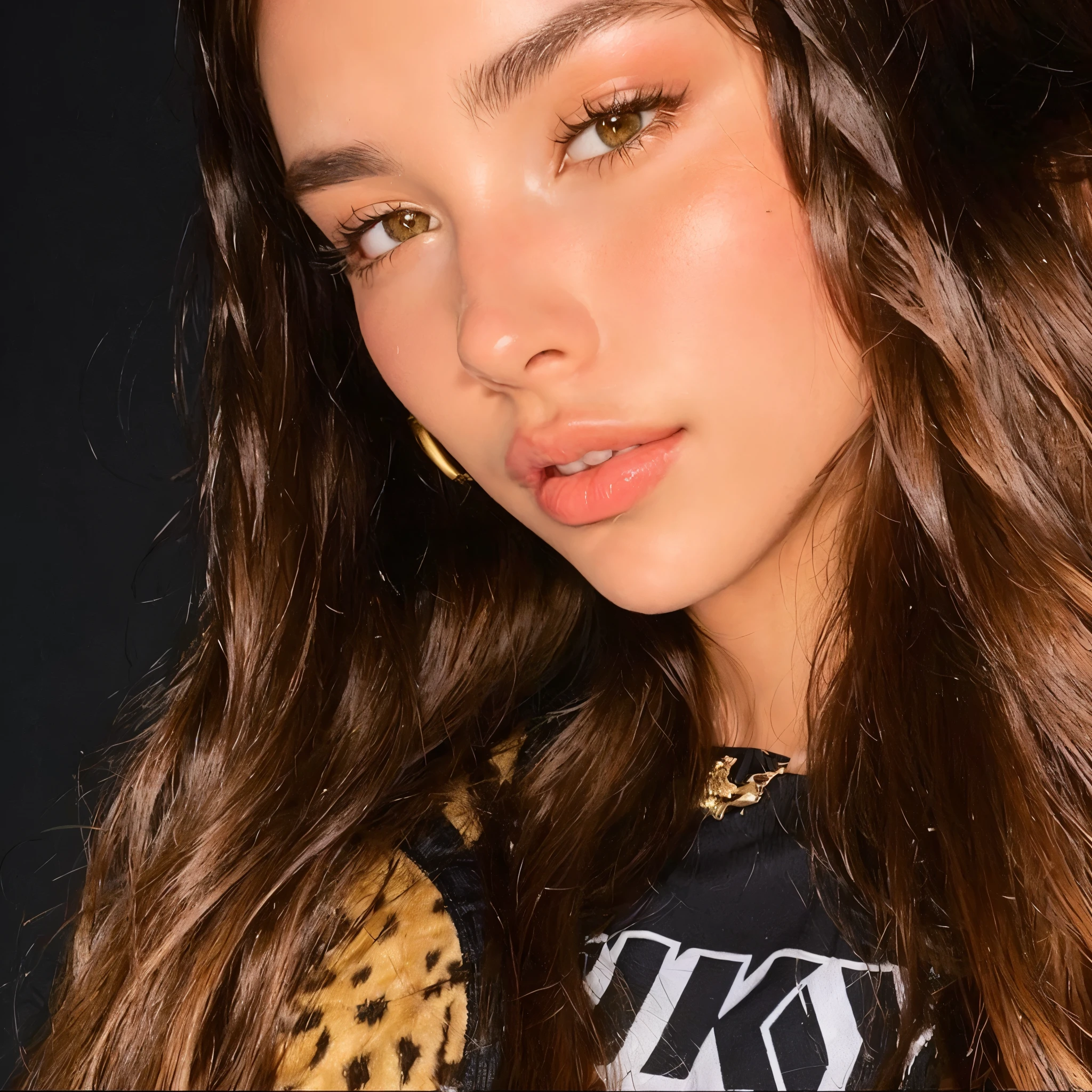 mulher arrasada com longos cabelos castanhos e uma camisa com estampa de leopardo, cerveja madison, soft devil queen cerveja madison, cerveja madison girl portrait, :: cerveja madison, Retrato de Sophie Mudd, dua lipa, Bella Poarca, cerveja madison as leeloo, retrato emily ratajkowski, face like exposed ester, rosto perfeitamente iluminado, cool appearance, shiny lips