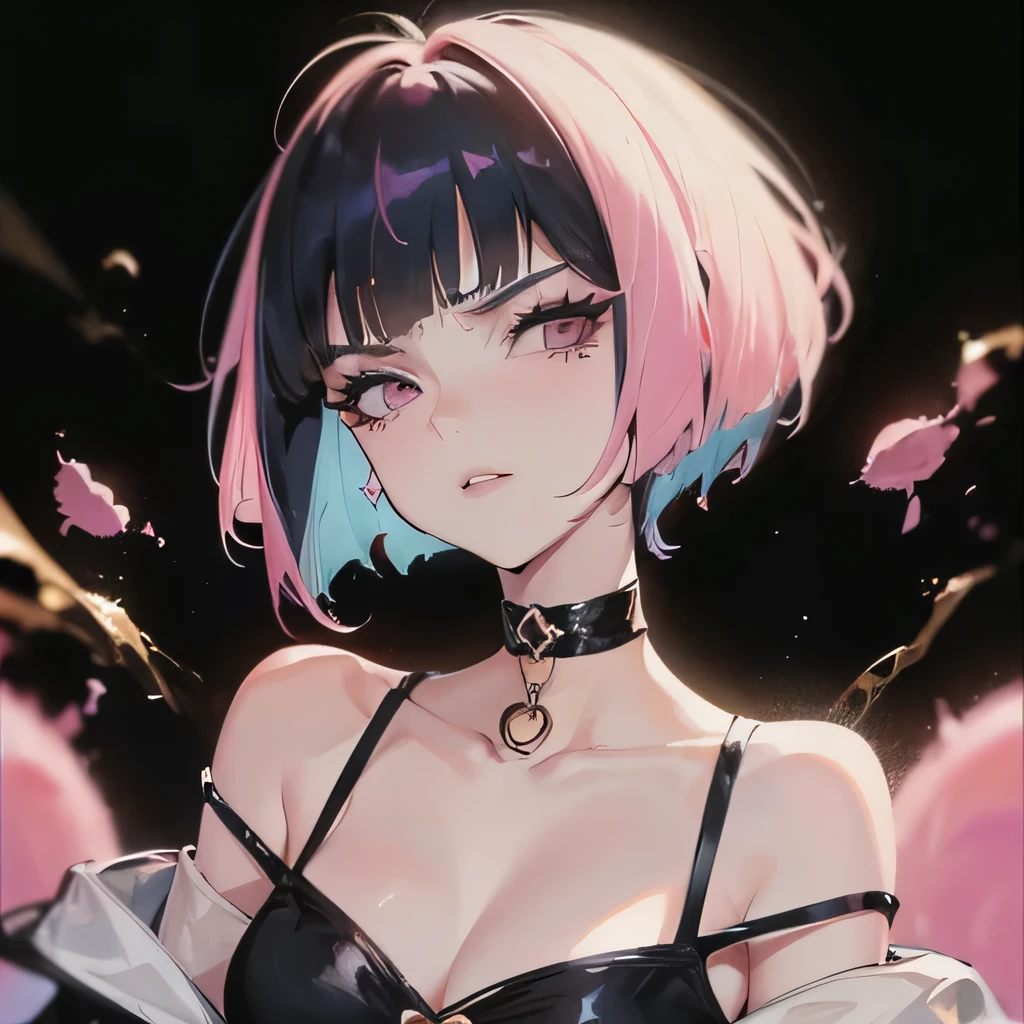 Hot girl, baddie, off shoulder, staring, glaring, shin raised up high, bad attitude, mean girl, dare, pastel pink hair, dark black eyes, bob haircut , gothic, cotton candy hair