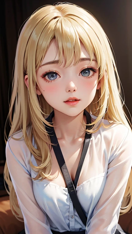 Blushing lightly and smiling, (Top quality masterpiece:1.2) Delicate illustrations, Very detailed, /Beautiful Japanese Woman、1 person,Very cute and slim、Excellent style 、((8K images、super high quality))、Very delicate face, beautiful forehead、Red lipstick,(((((Long Hair、Gradient Hair、Blonde))))),Very cute Japanese cut face、Eyes and nose are clearly visible、Kind eyes,(White shirt、Slightly see-through underwear)、Hotel Rooms、Night view