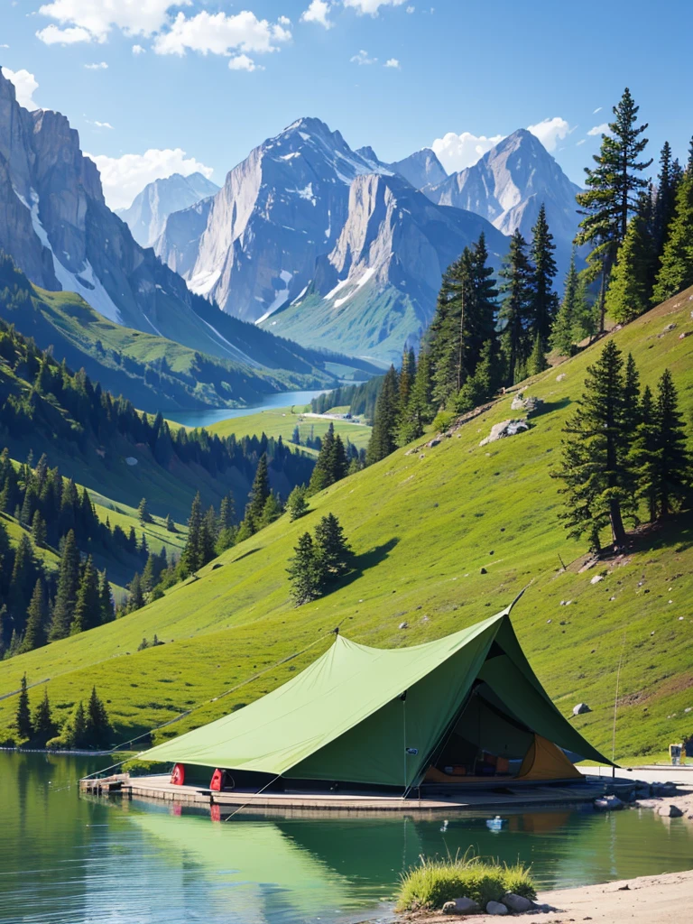 Beautiful lake、Fishing poles and tent