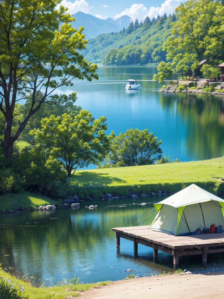 Beautiful lake、Fishing poles and tent