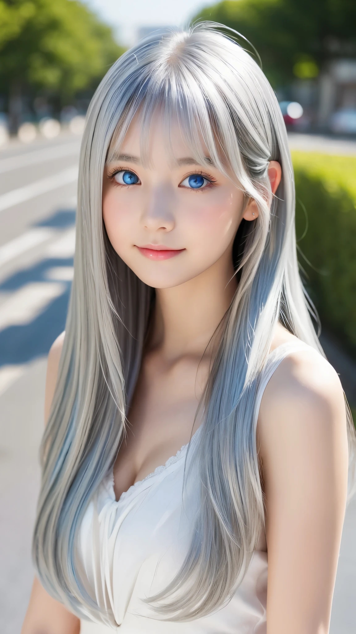 Shining, clear, white skin、Her windblown silver hair hides her beautiful face.、huge、28 years old cute sexy little beautiful face、Beautiful straight hair that stands out、growing up, Sparkling light blue eyes、long silky bangs that cover cute eyes, Sexy and cute young woman with super long hair hiding her sexy face、Shining silver hair