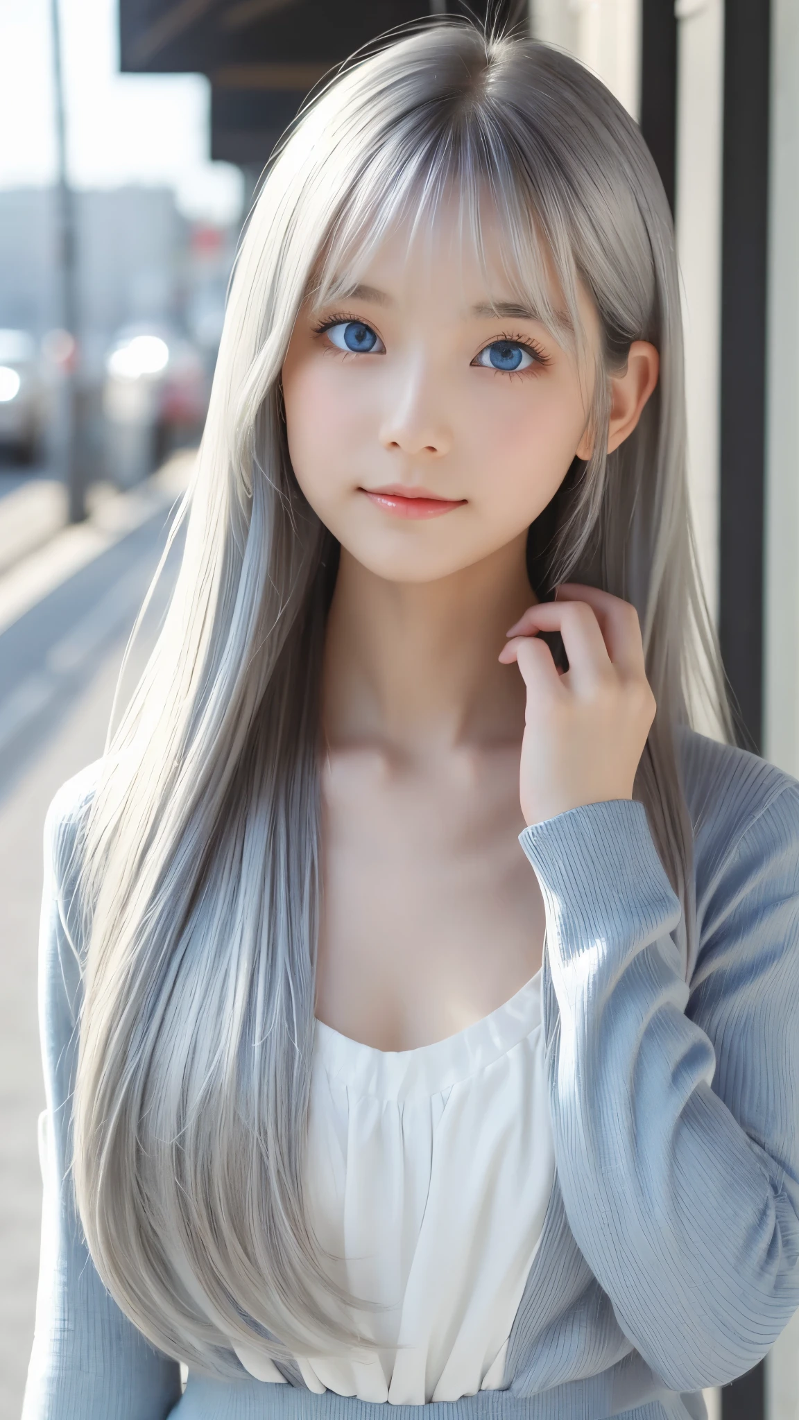 Shining, clear, white skin、Her windblown silver hair hides her beautiful face.、huge、28 years old cute sexy little beautiful face、Beautiful straight hair that stands out、growing up, Sparkling light blue eyes、long silky bangs that cover cute eyes, Sexy and cute young woman with super long hair hiding her sexy face、Shining silver hair