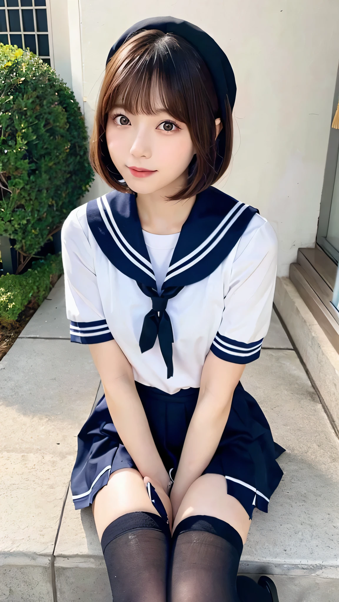Japanese Beauty、Brown hair bob cut、Selfie、Sailor suit、whole body、Black knee-high socks