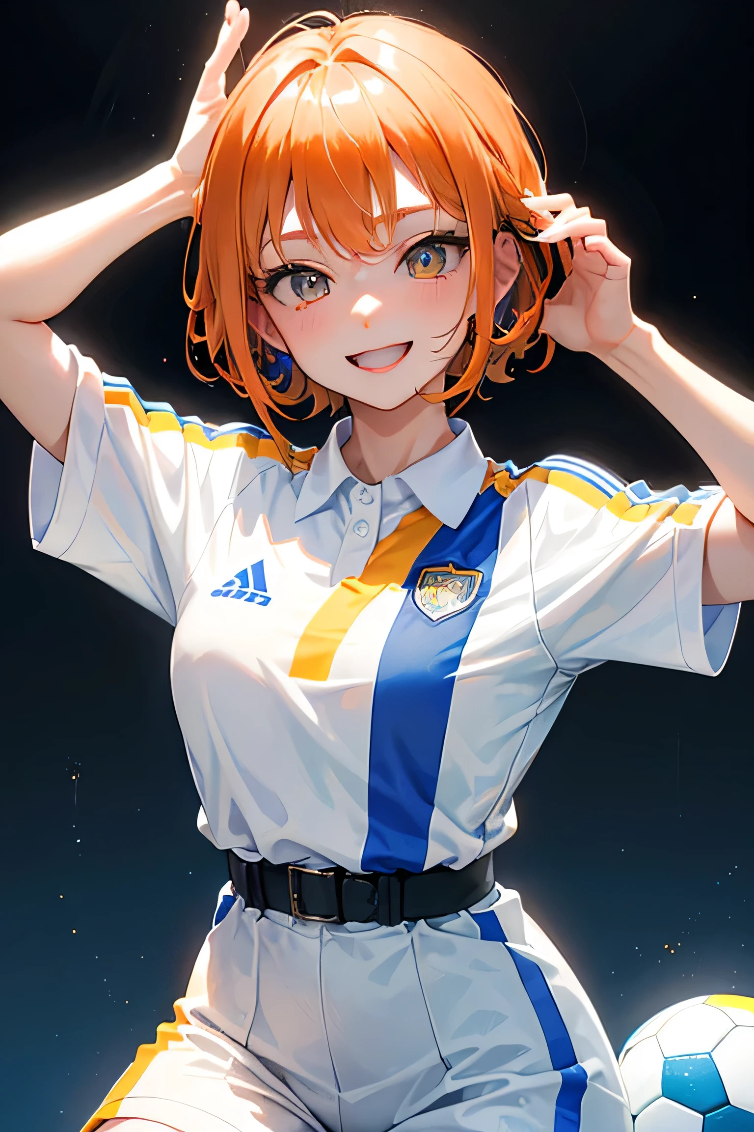 Cool yellow-eyed adult woman in a white sporty uniform、1 person、Mikage Reo style、Orange brown short hair、blue prison、Bold poses and expressions、A smug, smiling face and a condescending attitude、hologram、masterpiece、Superb、Hands open、soccer ball、Exposure is modest、cool、A little bit of cyber