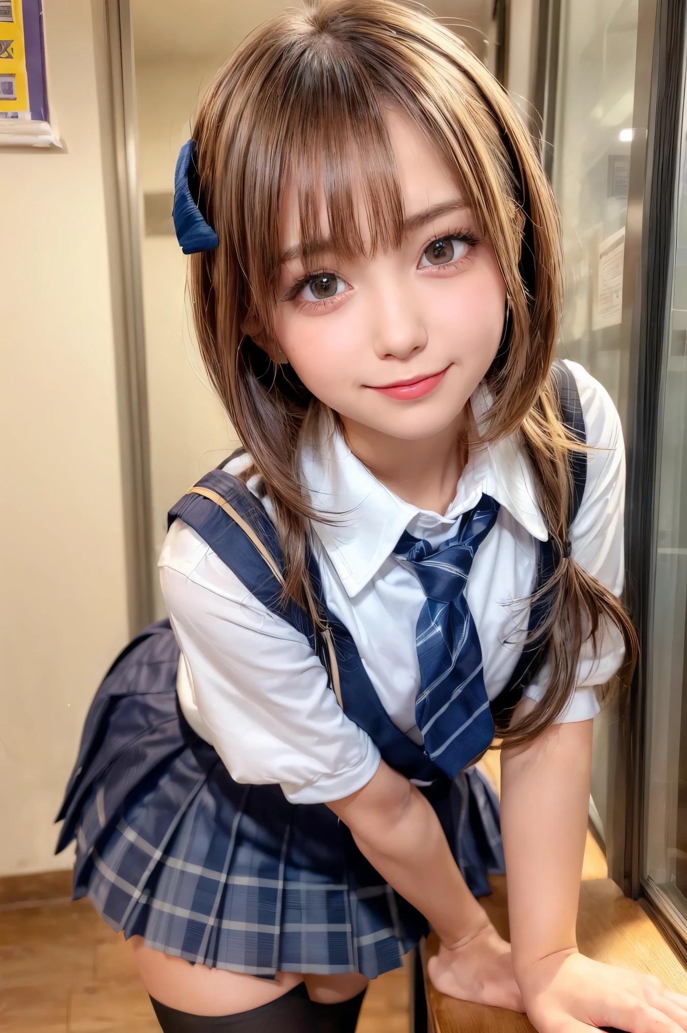 Browsing Caution, ((masterpiece)), ((highest quality)), (Very detailed), ((cute)), cute, (Multi-point), ((sexy)), (device), ((Very detailed)), 4K, (8k), highest quality, (beautiful), hyper cute face, shape, Anime Style,hyper Genuineistic, Genuine, Dynamic Angle, ((whole body)), close, Thick outline, Clear contours, at school, (Two Girls, 2 cute girls:1.5), (Schoolgirl Uniform :1.5), beautiful light brown hair, beautiful brown eyes, ((beautiful eyes)), (Leaning forward:1.5), ((short hair)), smile