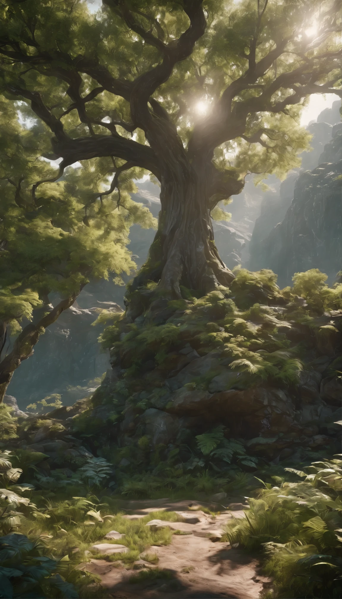 With fascinating concept art of the landscape、8K resolution and super cool sci-fi style、Boasting ultra-realistic and dramatic lighting。Atmospheric shadows create a sense of depth and mystery.、It uses ray tracing and 3D cinematic rendering to highlight hyper-detail features.。This image, with a majestic tree at the center,、Showing a very high level of detail、ArtStation's 4K and Ultra HD trend masterpiece、HDR enhances Engine 5 rendering to the point of being unrealistically stunning。