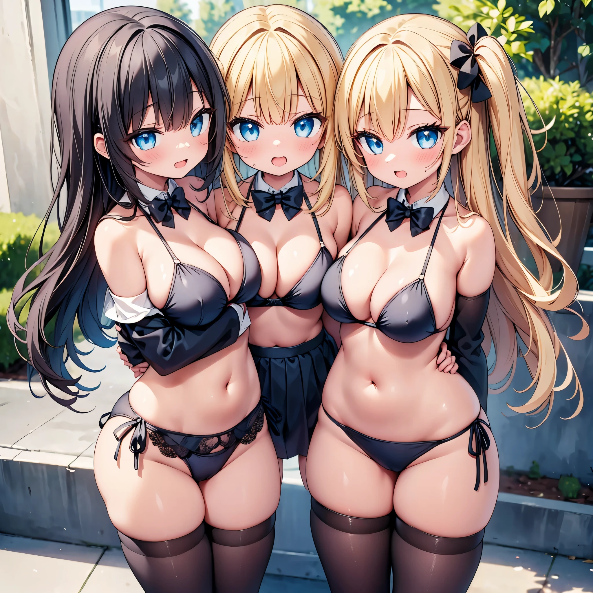 (cute eyes:1.2), (sparkling eyes:1.2), highest quality,wonderful,finely,extremely detailed CG Unity 8K wallpaper, (Stand in line:1.2), (3 girls, cute eyes, side-tie bikini bottom , clothed), (midium breasts), (open mouth:1.1), (long tongue:1.1), (mouth drool:1.1), (black stockings:1.1),(Thighs:1.1),(Waistline:1.1)