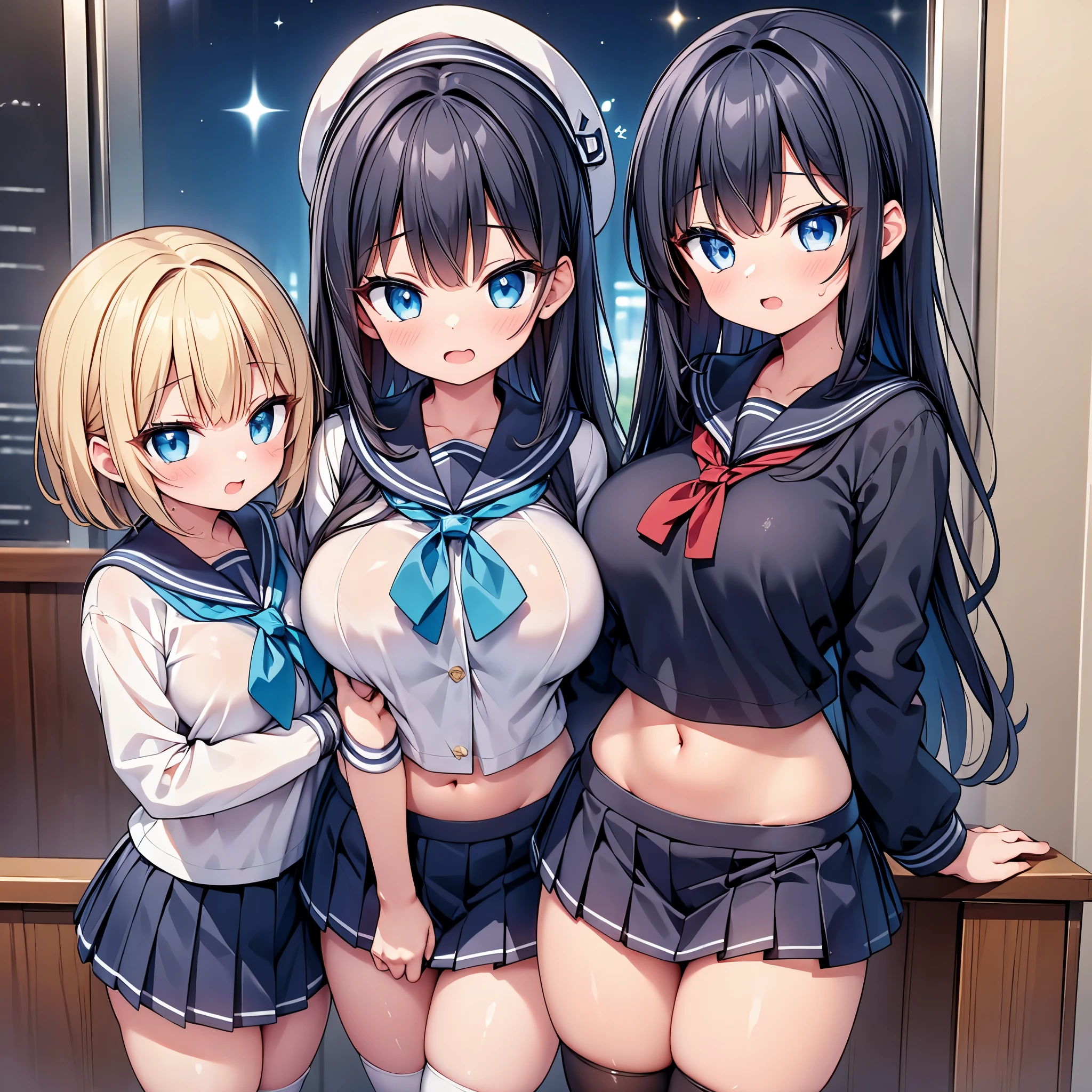 (cute eyes:1.2), (sparkling eyes:1.2), highest quality,wonderful,finely,extremely detailed CG Unity 8K wallpaper, (Stand in line:1.2), (3 girls, sailor uniform, clothed), (huge breasts), (open mouth:1.1), (long tongue:1.1), (mouth drool:1.1), (black stockings:1.1),(Thighs:1.1),(Waistline:1.1),(midriff peek:1.1)