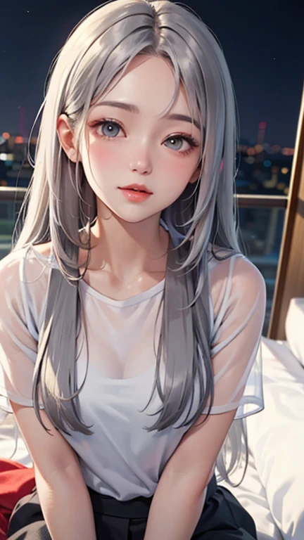Blushing lightly and smiling, (Top quality masterpiece:1.2) Delicate illustrations, Very detailed, /Beautiful Japanese Woman、1 person,Very cute and slim、Excellent style 、((8K images、super high quality))、Very delicate face, beautiful forehead、Red lipstick,(((((Long Hair、Gradient Hair、Silver Hair))))),Very cute Japanese cut face、Eyes and nose are clearly visible、Kind eyes,(White shirt、Slightly see-through underwear)、Hotel Rooms、Night view