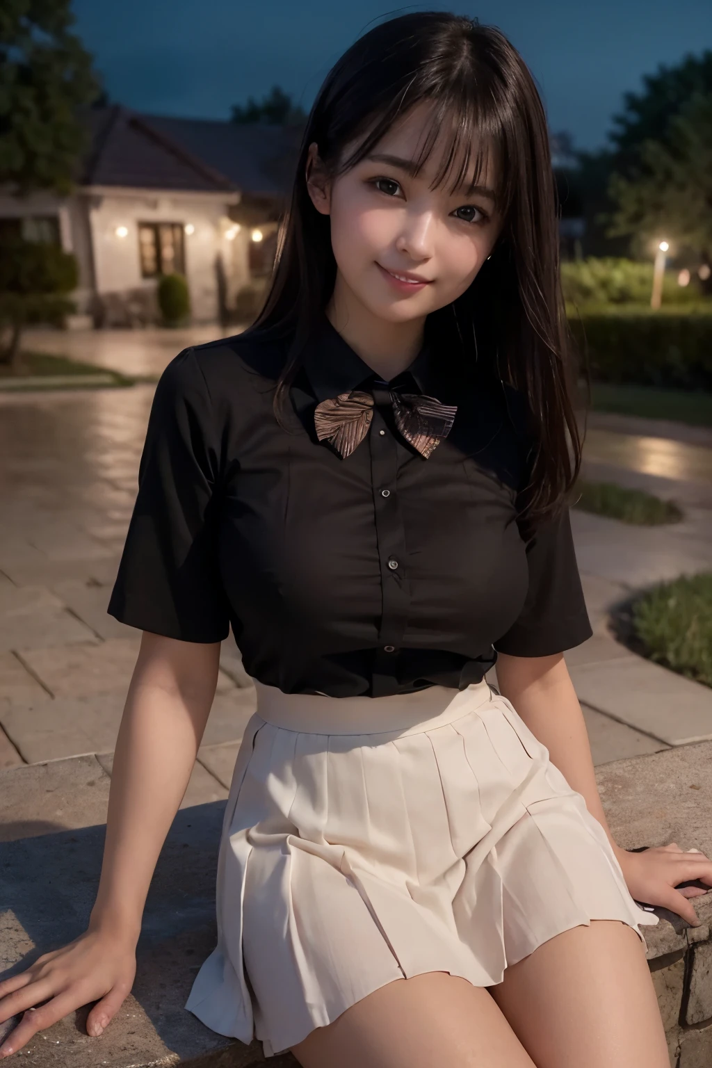 (8k, RAW photo, best quality, masterpiece: 1.2), (realistic, photo-realistic: 1.37), ultra-detailed, 1 girl, beautiful, solo, beautiful detailed sky, detailed coffee, night, sitting, (flushed nose), (smile: 1.1), (mouth closed), medium breasts, beautiful detailed eyes, (collared shirt: 1.1), bow tie, pleated skirt,