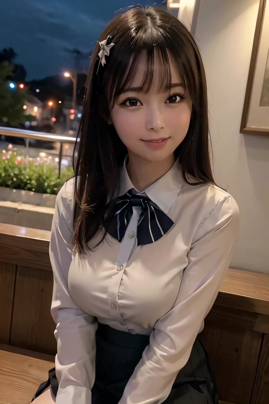 (8k, RAW photo, best quality, masterpiece: 1.2), (realistic, photo-realistic: 1.37), ultra-detailed, 1 girl, beautiful, solo, beautiful detailed sky, detailed coffee, night, sitting, (flushed nose), (smile: 1.1), (mouth closed), medium breasts, beautiful detailed eyes, (collared shirt: 1.1), bow tie, pleated skirt,