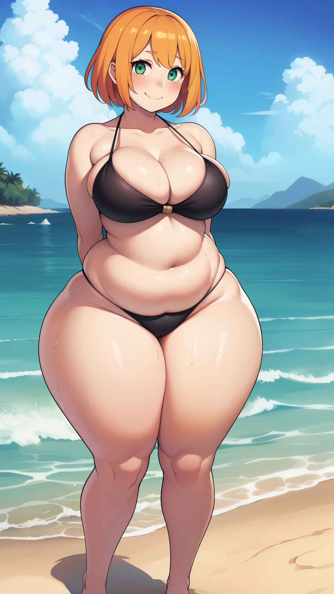 ((highres)), Masterpiece, high quality, best quality, beautiful, perfect lighting, detailed face, ultra cute face, ((1girl)), ((solo), short fluffy orange hair, green eyes, freckles, pale skin, ((blush)), sweet smile, looking at viewer, arms behind back, standing on a beach, (beach), wet, daytime, side tie bikini, (((thick thighs))), ((wide hips)), cleavage, medium breast, chubby, 20 year old female, 