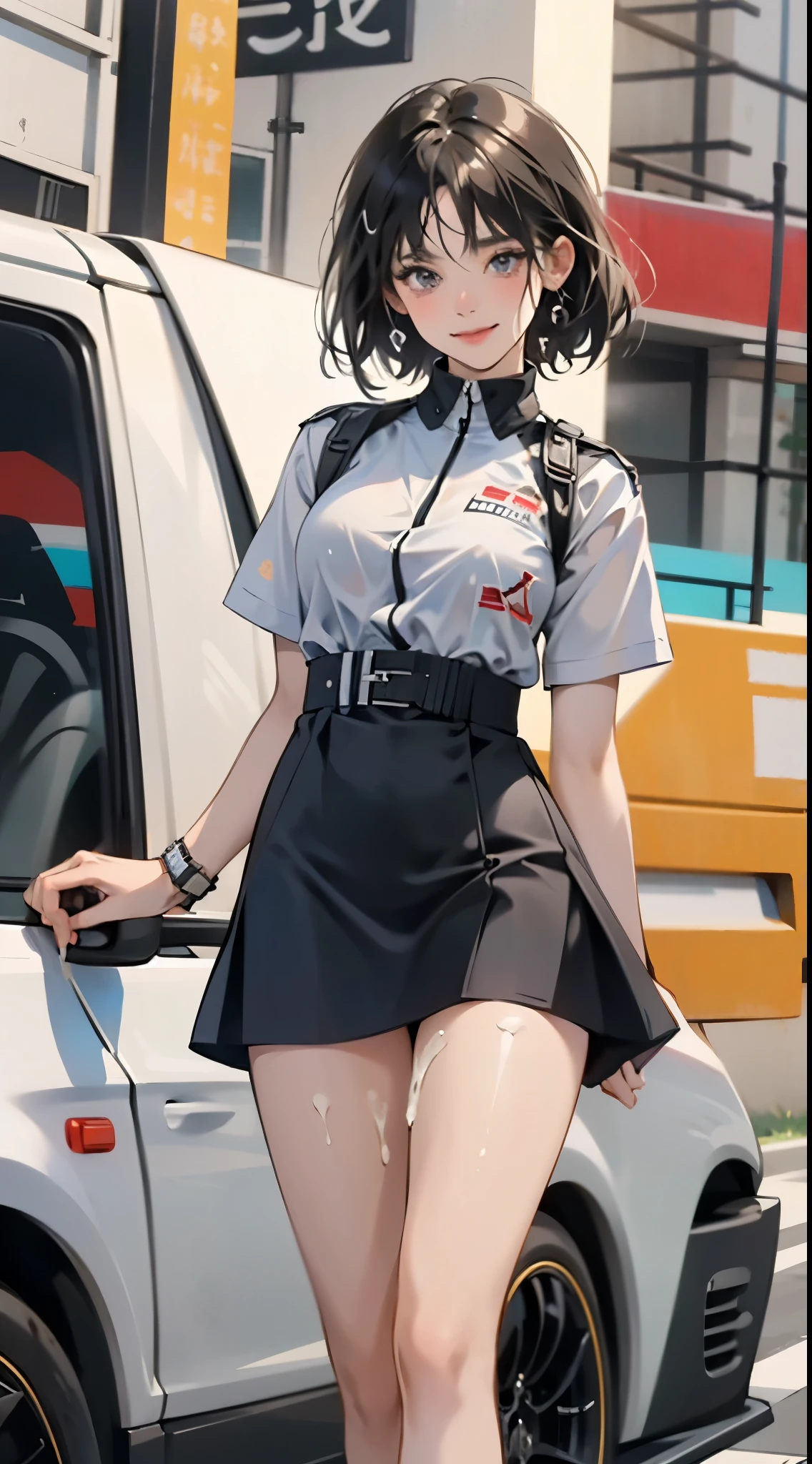 Anime girl in blue dress, oppai, biomechanical oppai,  in dress, oppai proportions, Ecchi, Big breasts!!, with a big chest, pixiv 3dcg, Big breasts!, (SFW) safe for work, Ecchi anime style, Beasts, Seductive Anime Girl, 1girl huge large breasts,、((top-quality)), ((​masterpiece)), A smile, Pitch Resuit, Colossal , Puffy nipple, knee high, Naughty face, knee high　white, Adult Woman, (cum in vaginas:1.3), cum in mouth, (Overflowing G-string:1.5), Sobbing tears, short-cut, Check mini skirt, l, Race Queen, A slender, masterpaintings, best qualtiy, Photorealsitic, ultra-detailliert, (shiny skins, perspired:1.4), Watch the crowd, With short black hair, Brown-eyed, slender, dynamic light and shadow, hight resolution, Sharp Focus, depth of view, The eyes are delicate, Sharp pupils, pupil realistic, (Colossal tits), A slender, (thick thight), outside of house, Skysky, Tight skirt, Short skirt, Grid Girl, underboob, Wet_Clothes, Wear the grid_Girl costume printed with sponsor's logo, (Stand in a motorsport race)+, left hand on waist
