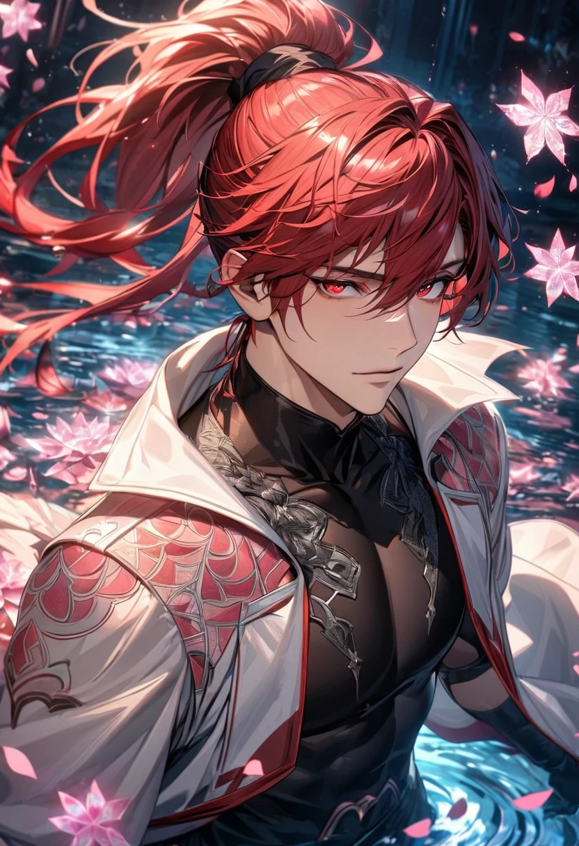 Ultra detailed, Highres, absurdres, HDR, Subaki, red hair tied in a ponytail, expressive red eyes, Fire emblem, white long coat with patterns, pink ice flowers, petals, extremely handsome, sexy man, solo, extremely detailed eyes and face, black gloves, water, pink ice butterflies, black tight t-shirt, black pants,