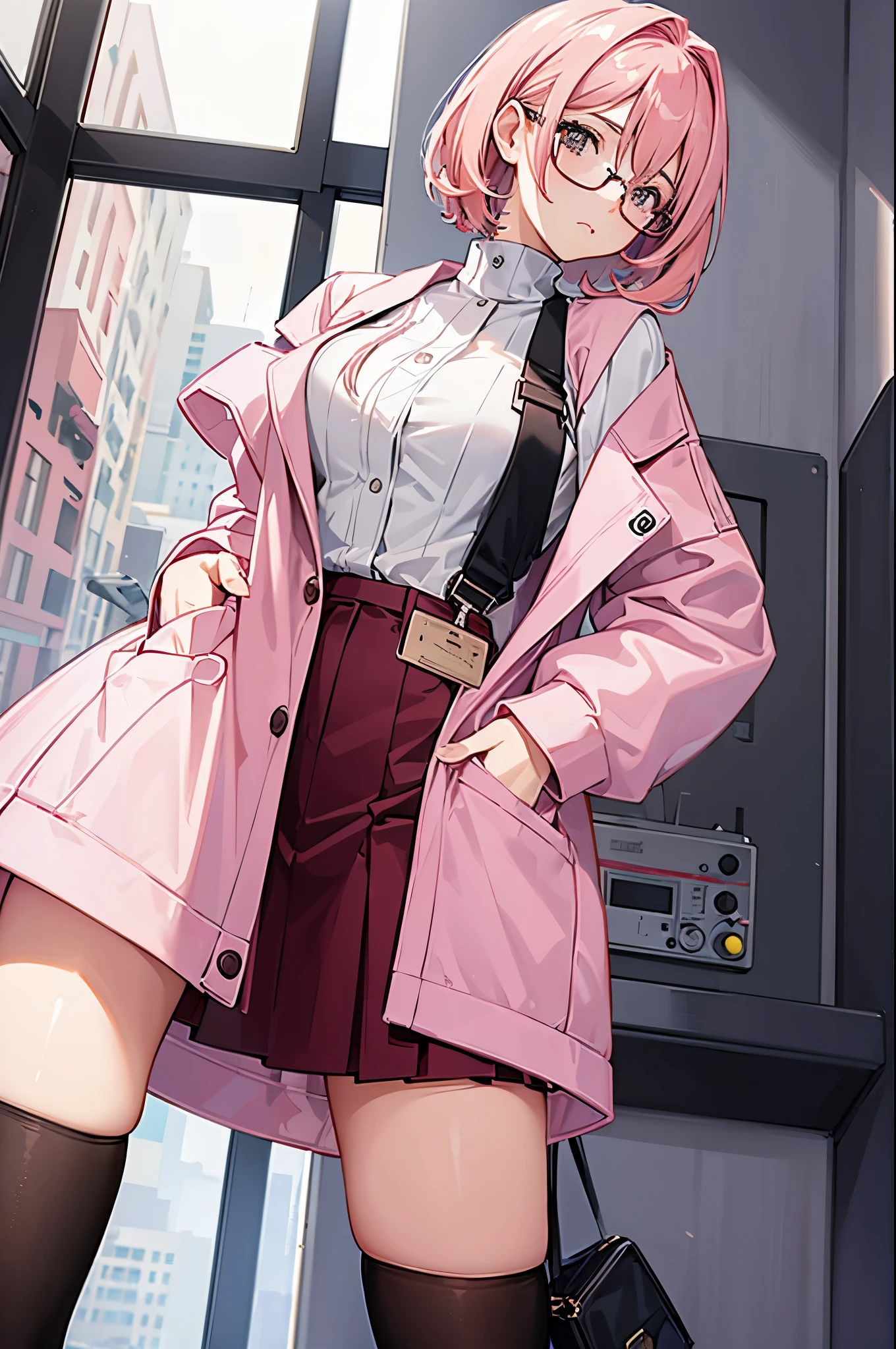 1woman, pink hair, glasses, sweater, lab coat, skirt, stockings, standing on ground, high res, ultra sharp, 8K, masterpiece