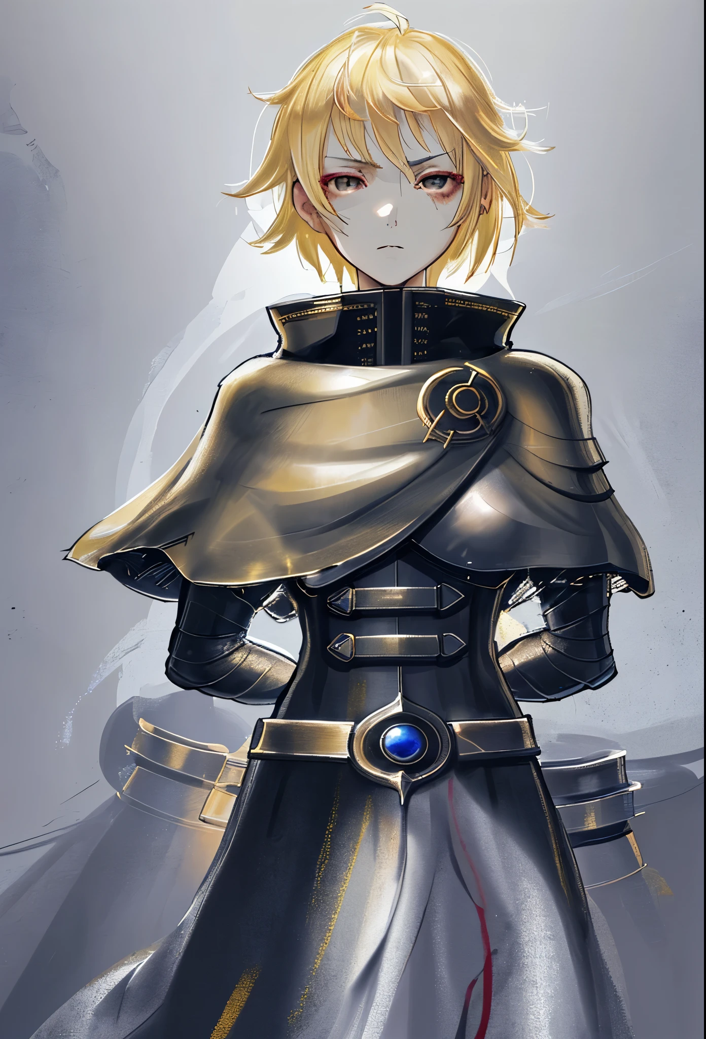 1girl, female, blonde hair, scar over cheek, gray eyes, serious, hands behind back, wearing metal armor under cloak, extremely detailed