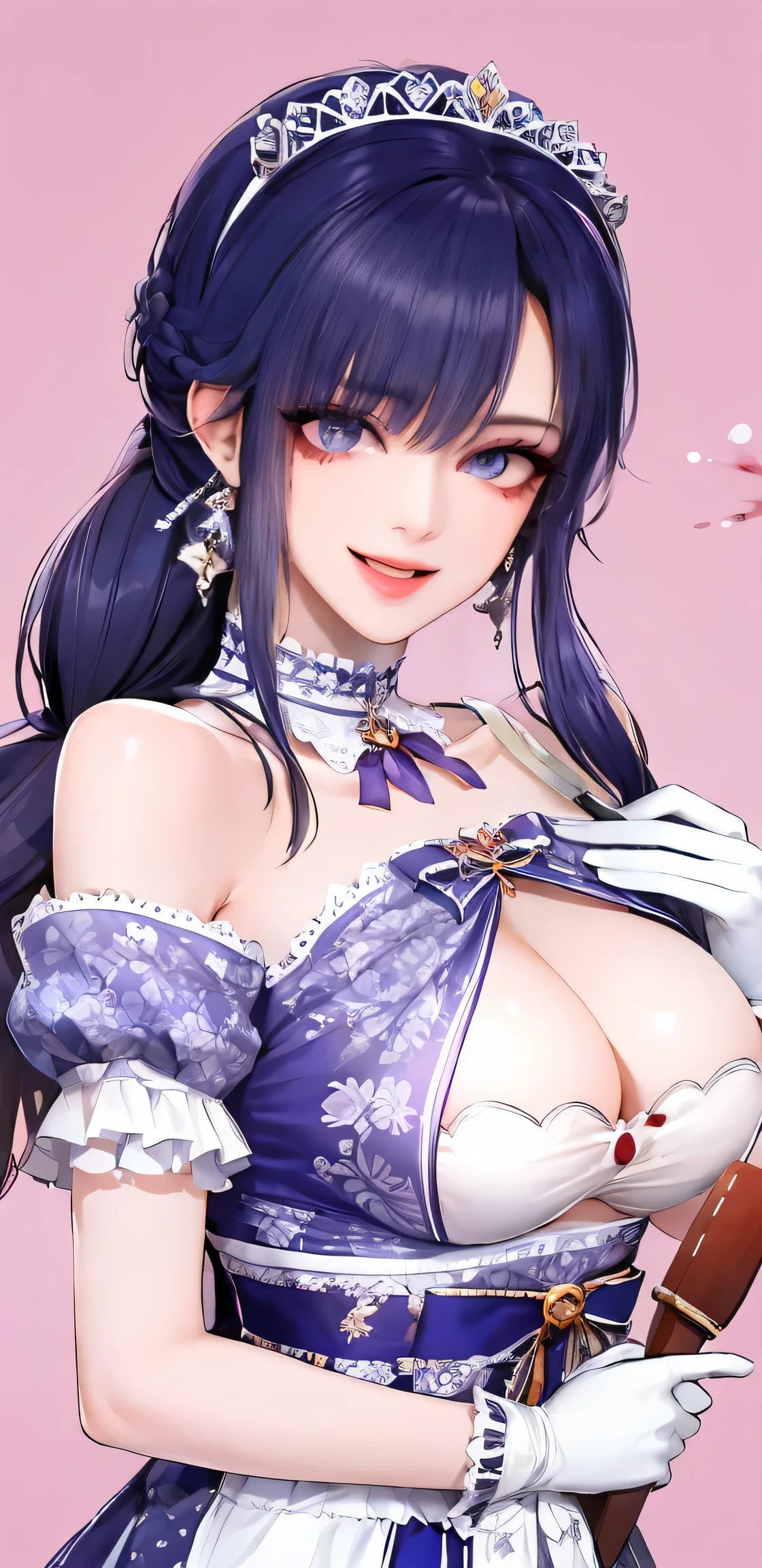 Shojo style, JK style, (floral background), romantic, (Fiona), 1 woman,(((have a mischievous smile,elder sister))), black curly hair,long black hair,alone, braid,((Maid outfit, Shaking skirt,open chest,Show your breasts:1.35,The cracks are clear...,Show off red underwear)),Made headband decorated with ฟ้าอ่อน flowers., White and purple dress, glove, long sleeve shirt,white stockings, choker, Mascara, lip makeup, white glove, black bow,((knife,holding blood stains)), bow, decorate, (looking at the audience,Smile for the camera..) collarbone, puffy sleeves, money accessories, Full body, smooth, light blue set, court, gag, Detailed eyes, cowboy shoot