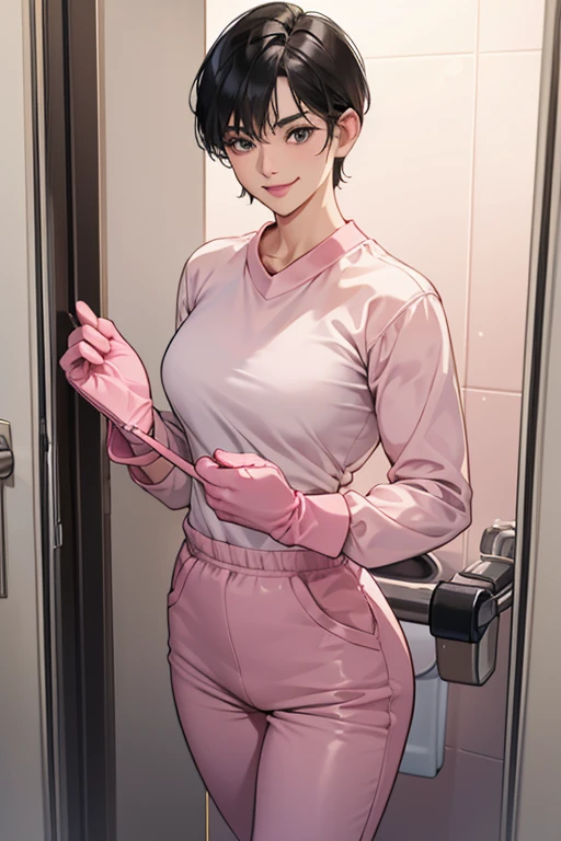 A muscular, short-haired mature woman with black hair and a gentle smile, wearing a pink long-sleeved, long-pants gym uniform, pink rubber gloves and white rubber boots, cleaning the school toilets