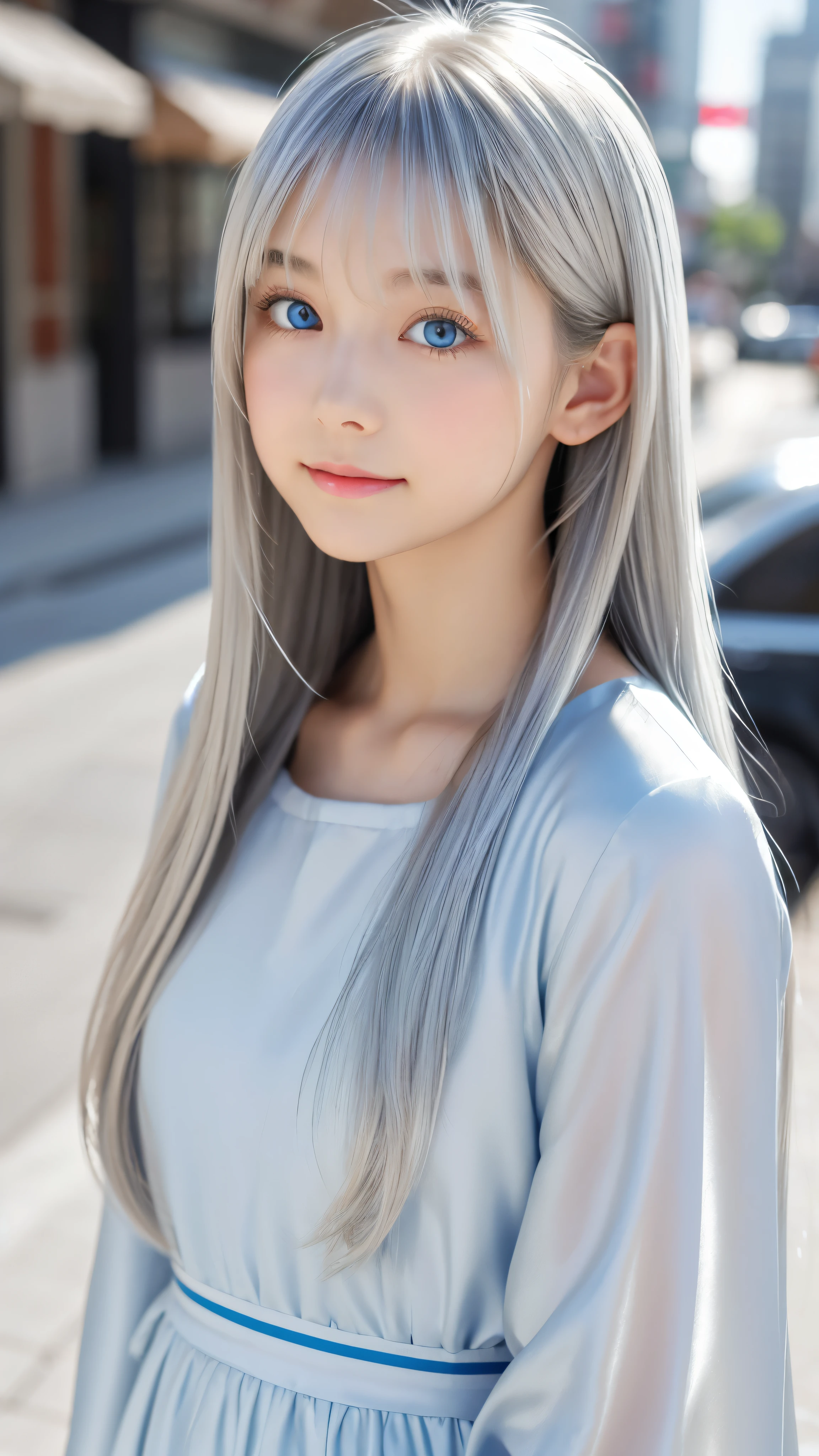 Shining, clear, white skin、Her windblown silver hair hides her beautiful face.、huge、28 years old cute sexy little beautiful face、Beautiful straight hair that stands out、growing up, Sparkling light blue eyes、long silky bangs that cover cute eyes, Sexy and cute young woman with super long hair hiding her sexy face、Shining silver hair