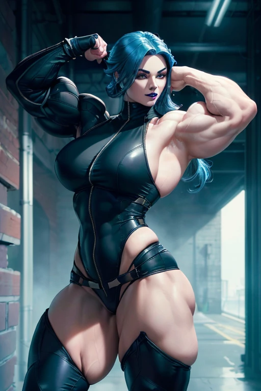 (((((Massive, tall, beautiful, buff, pale white skinned muscular woman with royal blue hair, black lipstick, ginormous bulky muscles and wearing a half-zipped black Stealth suit with pants))))), (close view), (massive muscles), massive biceps, hyper muscle shoulders, ginormous muscle arms, hyper muscle triceps, (long curly wavy hair), white eyes, choker, (stealth belt), black boots, (fingerless gloves), (in an industrial building), sensual smile, night, hyper vascular arm, hyper muscles arms, hyper muscle legs, (massive arms).