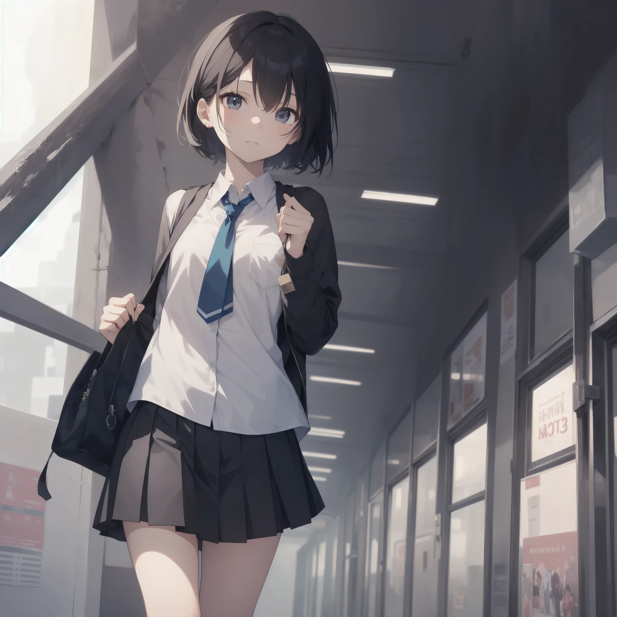 ultra-absurdres-Top quality by artist God, ultra-detailed, high resolution, anime moe artstyle, best anime 8k konachan wallpaper, pixiv contest winner,pool:2810, perfect anatomy,break, 1girl, (Please draw a girl walking sleepily to school alone. )break,(Solo,little female, 13-year-old:1.3),Full limbs, complete fingers,a junior high school student, (very short hair), short cut, flat chest, , small butt, small black eyes, beautiful detailed eyes, well-proportioned iris and pupils, expressive eyes, highres detailed hair, soft expression, school_uniform, official_alternate_costume, neckerchief, collared shirt. pleated skirt,(Detailed Lighting), (Detailed background), in the School commute route. break,super detailed skin, Best cinematic lighting powered by famous artist, 8k,beauty illustration,photoshop_(medium),very aesthetic,break,((artist:modare )), artist:bolze ,artist:oyari_ashito ,artist:kantoku ,